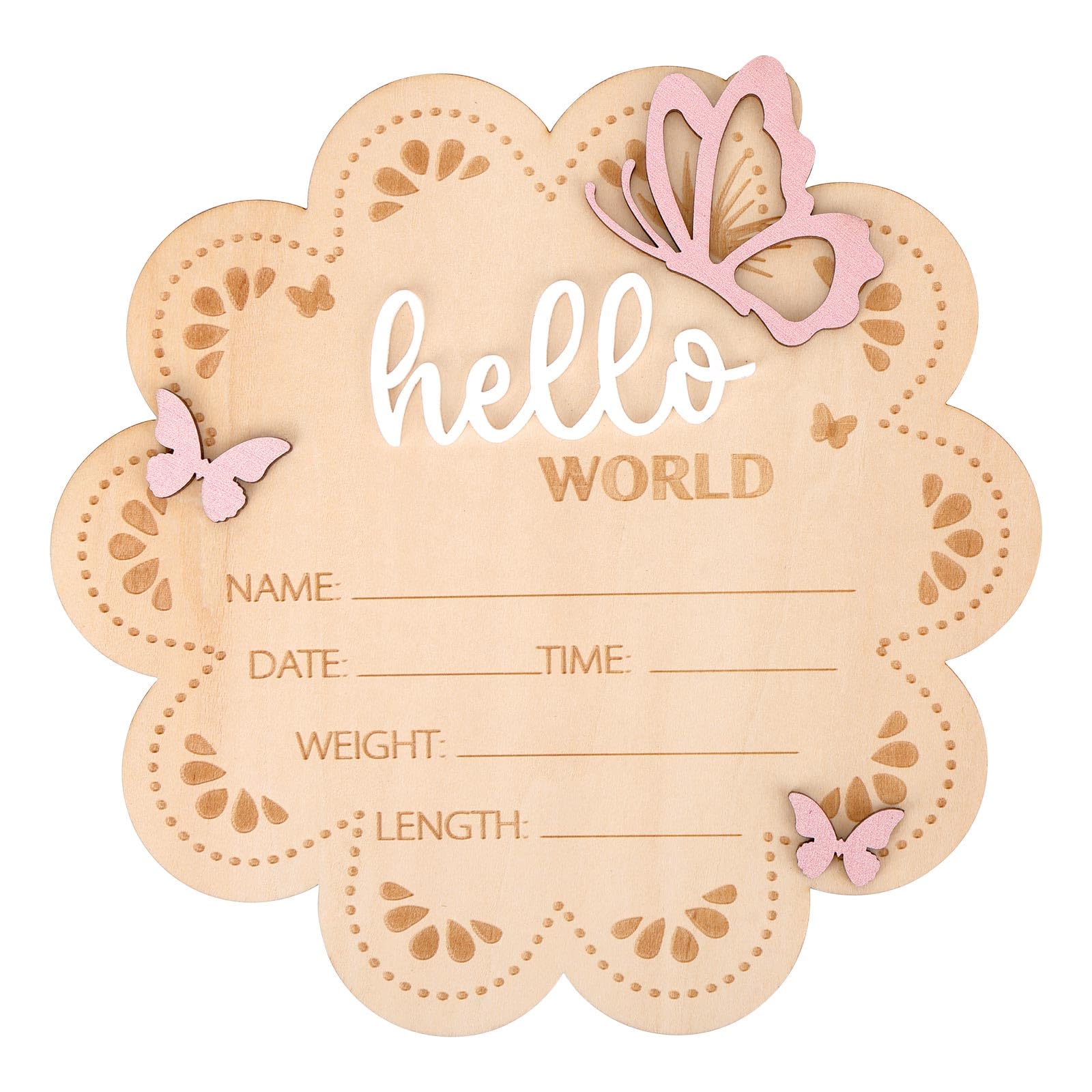Bonjour le Monde Panneau Annonce de Naissance, Papillon en Bois Plaque Nominative pour Bébé Panneau d'Annonce Naissance pour Accessoires Photo Baby Shower Hôpital Décoration Chambre d'Enfant