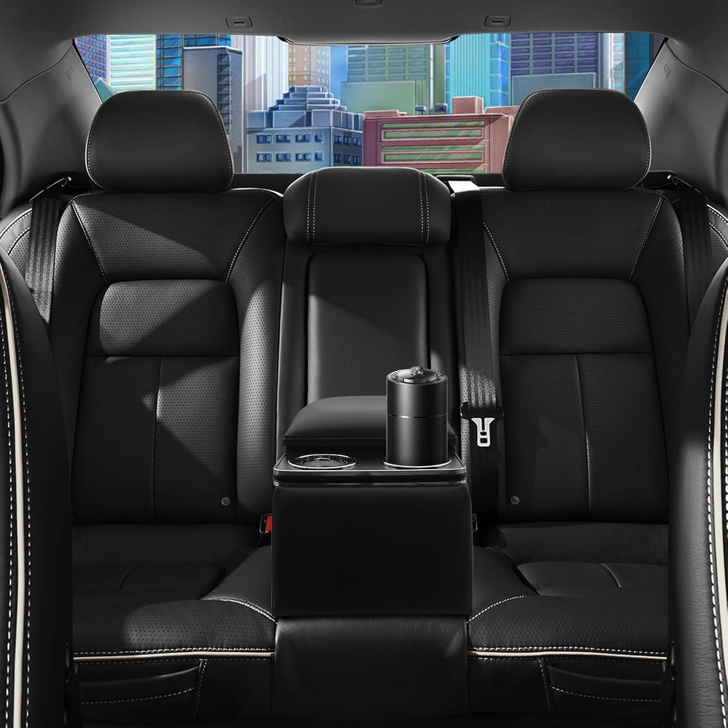 Universal Truck Seat Organizer with Armrest & Padded Lid, Black Storage Box for Car Organization, 2 Cup Holders, Heavy-Duty Non-Slip Base for SUV Pickup Truck