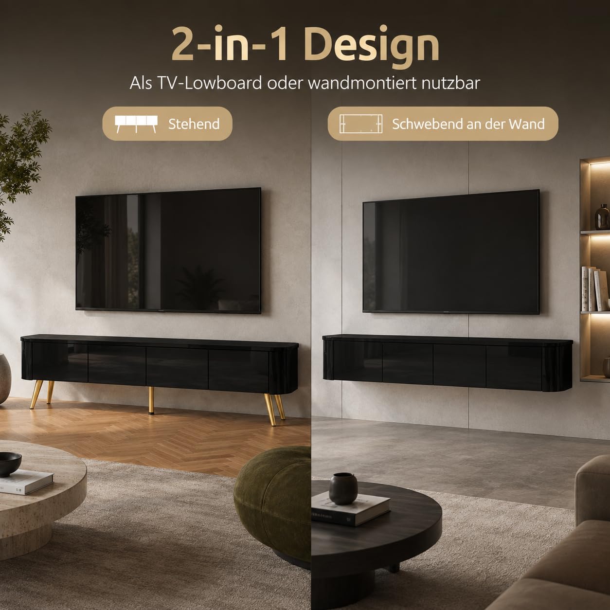 Mobile TV basso nero lucido con LED a 3 colori, 140 x 24 x 36 cm, da appoggiare o da parete, mobile TV con cassetto, scomparti laterali e gambe dorate