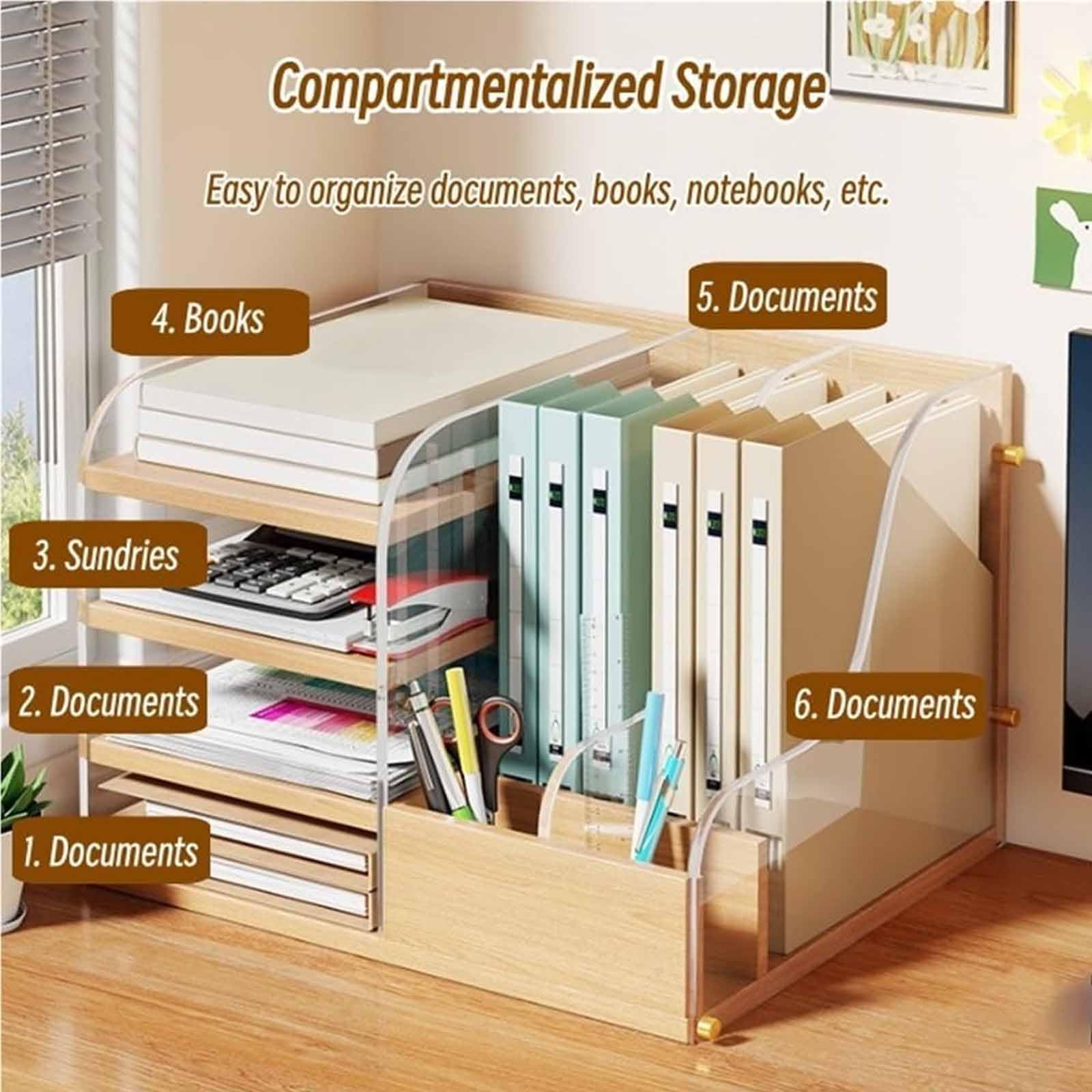 Estante De Almacenamiento De Escritorio De Madera Y Acrílico, Soporte Para Documentos De 4 Niveles Con Compartimento Lateral, Organizador De Escritorio Multicapa Para Papelería Y Suministros De