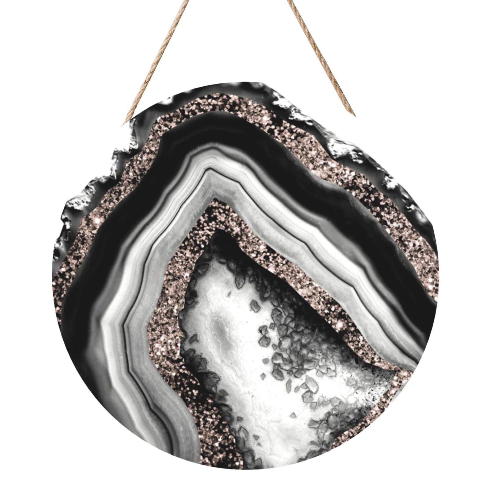 InOmak Agate Rose Gold Glitter Glam Gem Decor Art, Round Wood Panel Painting 12 in, Wall Hanging Painting For Home
