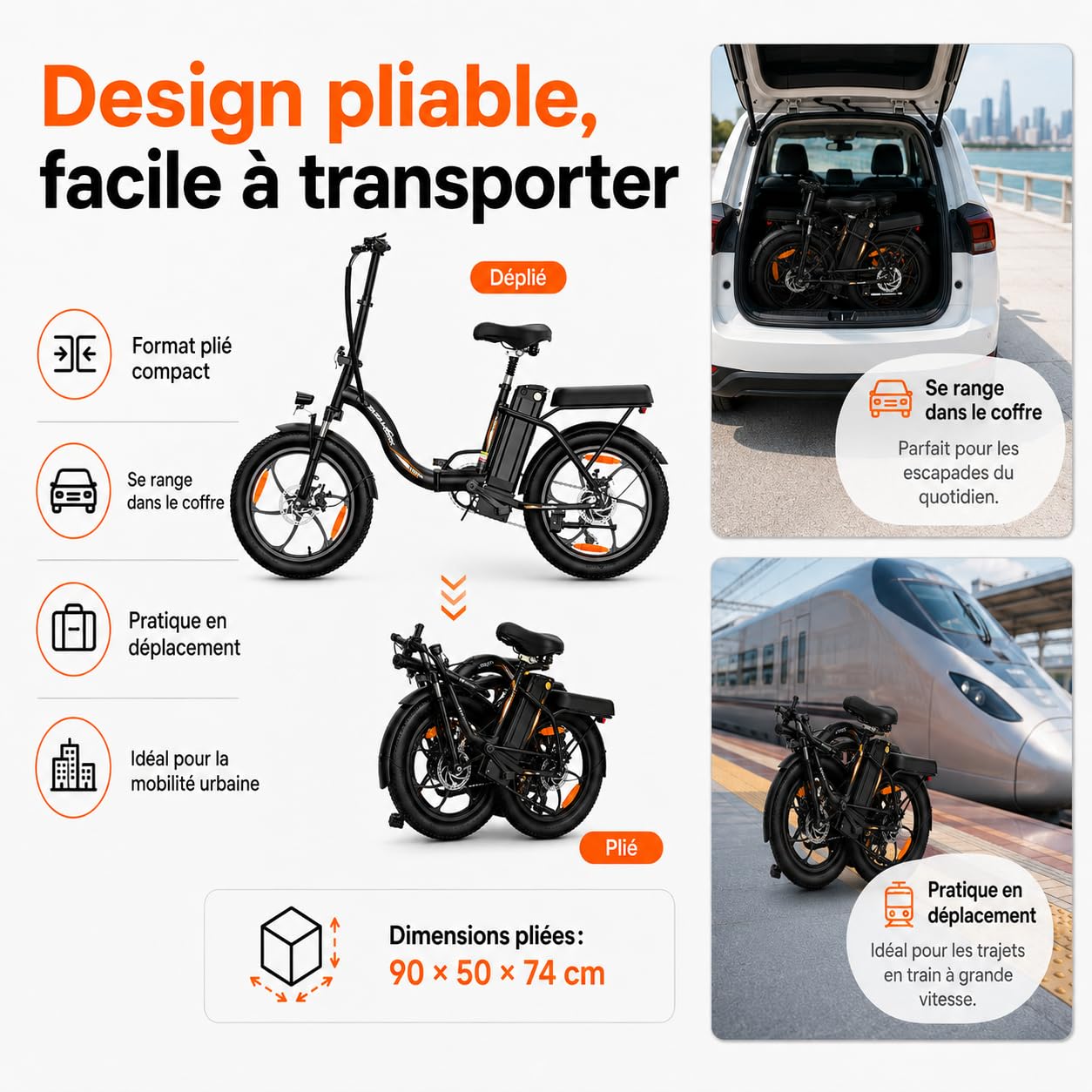 TIGUOWISH ZAZAWORK Vélo Électrique Pliable 250W, VTT Batterie 48V 16Ah, Autonomie 100 km, 7 Vitesses, Freins à Disque, Pneus 20" Anti-Crevaison