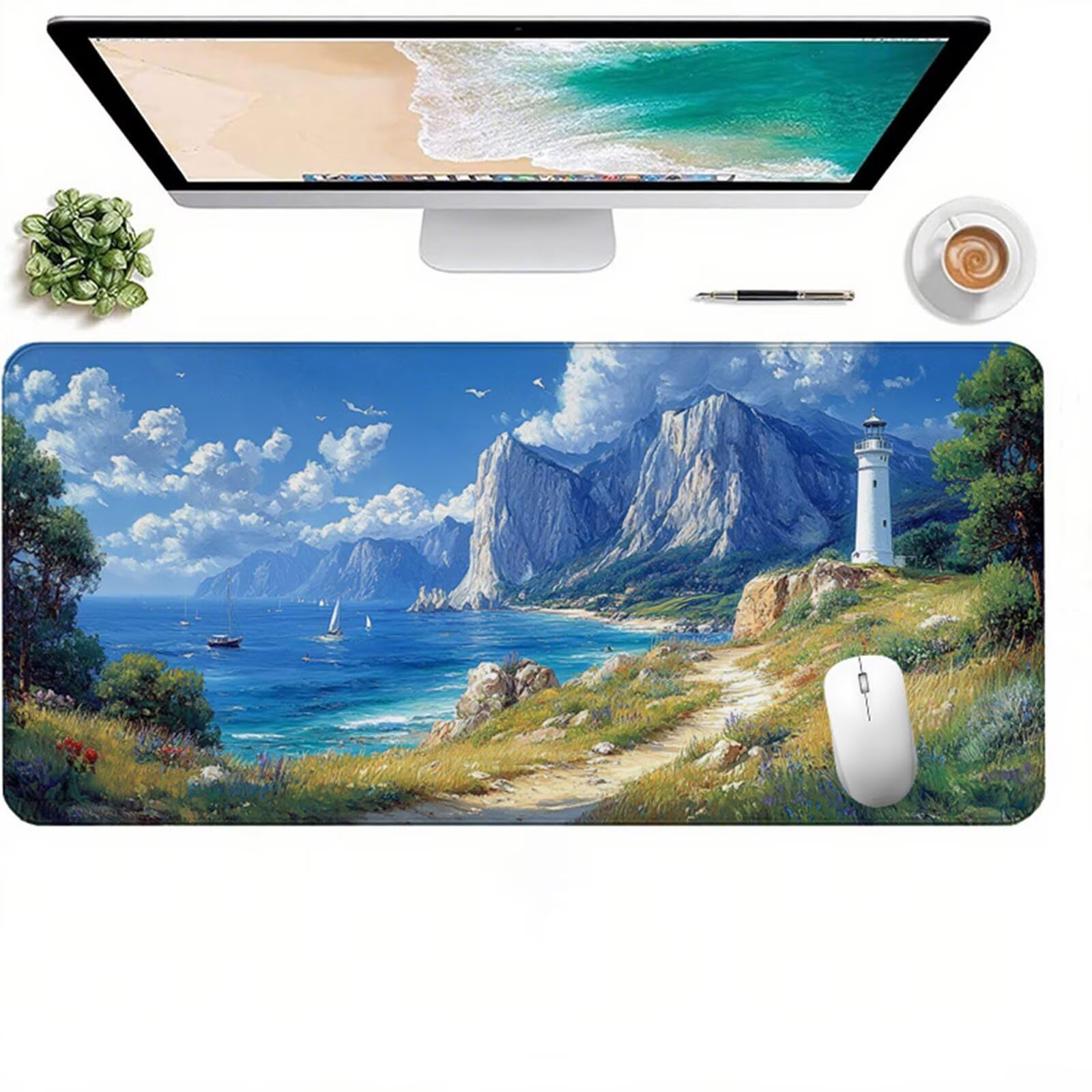 Podkładka pod mysz dla graczy niebieska podkładka pod mysz XXL 1200 x 600 x 3 mm, podkładka pod biurko widok na morze z antypoślizgową i wodoodporną podkładką pod mysz, gładka powierzchnia poprawia