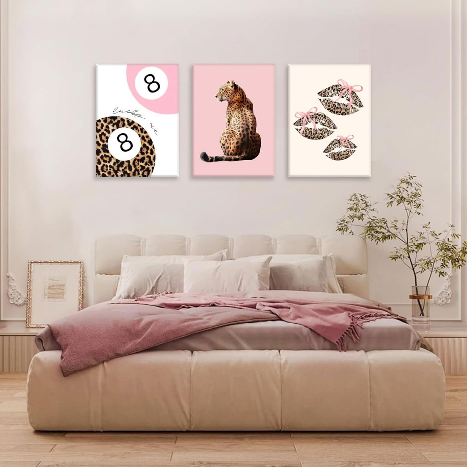JORCEDI Pink Preppy Coquette Canvas Wall Art Set of 3, Leopard 8 Ball Bow Lips Posters Prints, Funky Room Decor for Teenage Girls Bedroom Dorm, 21x30-50x70cm, Unframed (50x70 cm,A)