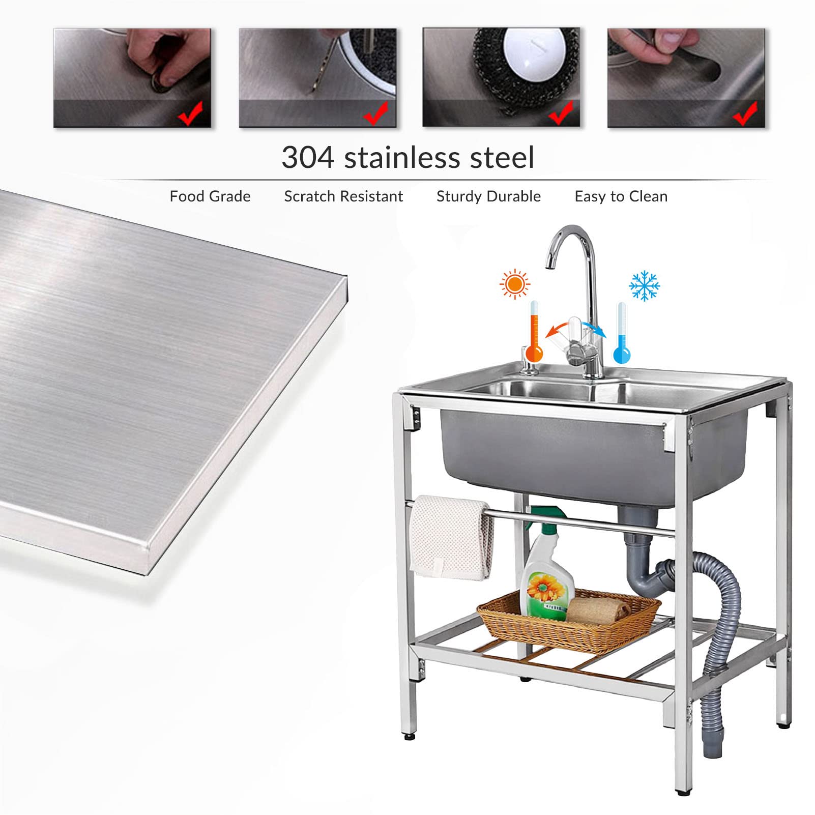 Fregadero independiente acero inoxidable Portatil con Patas 1 Seno | Lavabo Multiusos con Estant, Grifo Frío/Caliente, para Cocina Exterior, Jardín, Lavadero, Garaje, Camping