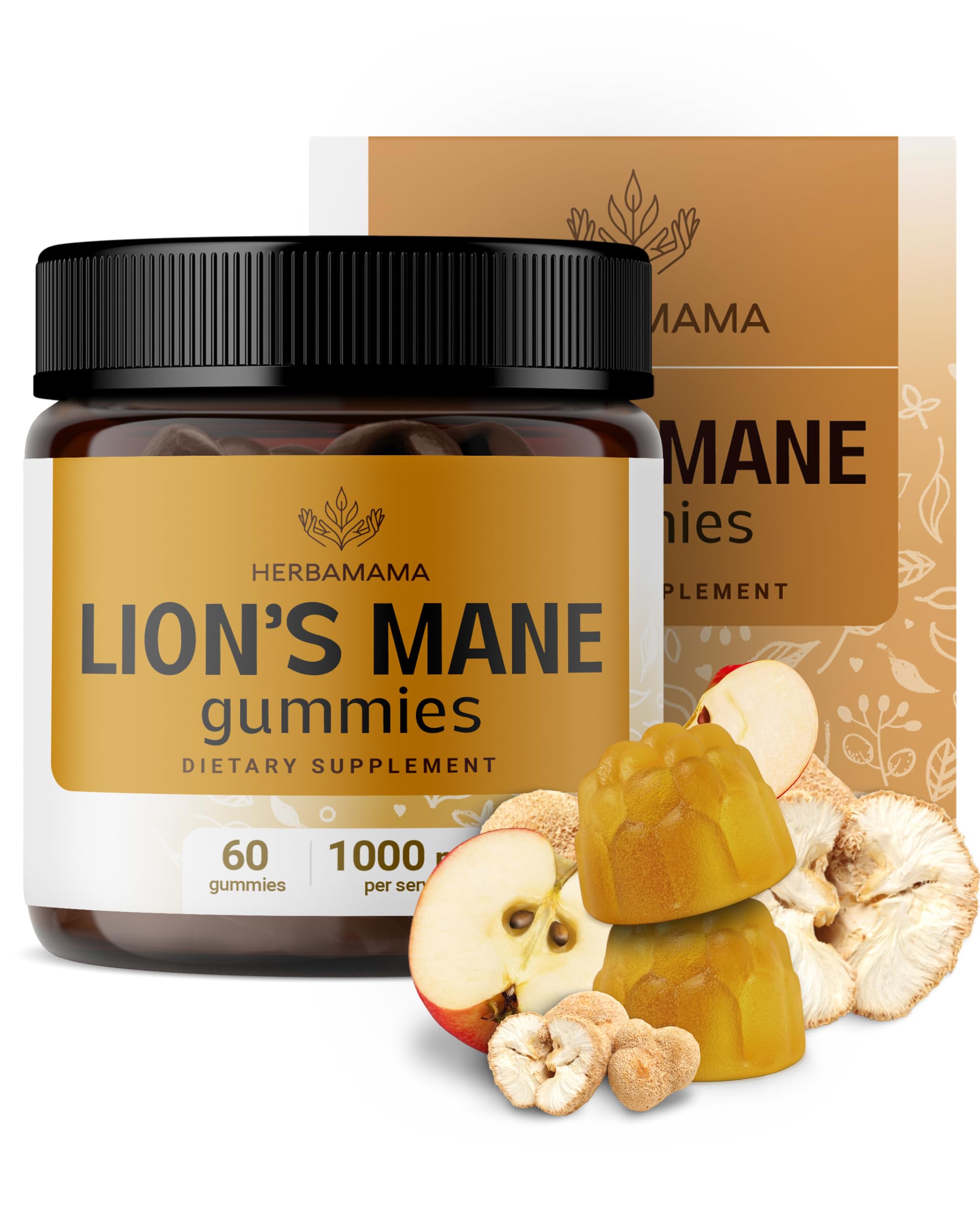 HERBAMAMA Lion's Mane Gummies - 1000mg Lion's Mane Mushroom for Brain Clarity Support - Vegan, Non-GMO Focus Supplement for Adults - 60 Pectin-Based Apple-Flavored Chews