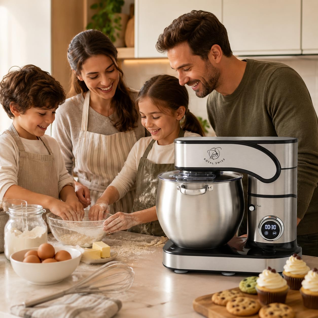 Royal Swiss Robot Pastelero Profesional 12L 2000W Mezcla Planetaria, Pantalla LED Táctil, 12 Velocidades, Cuenco Inox, Tapa Antisalpicaduras Gancho, Batidor, Batidora Multifunción