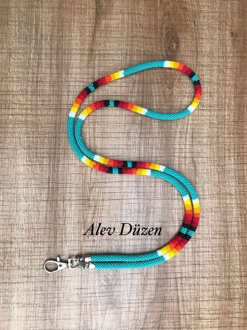 Handmade Bead Crochet Native American Style Lanyard, beaded badge holder, teacher ID card holder, nurse lanyard