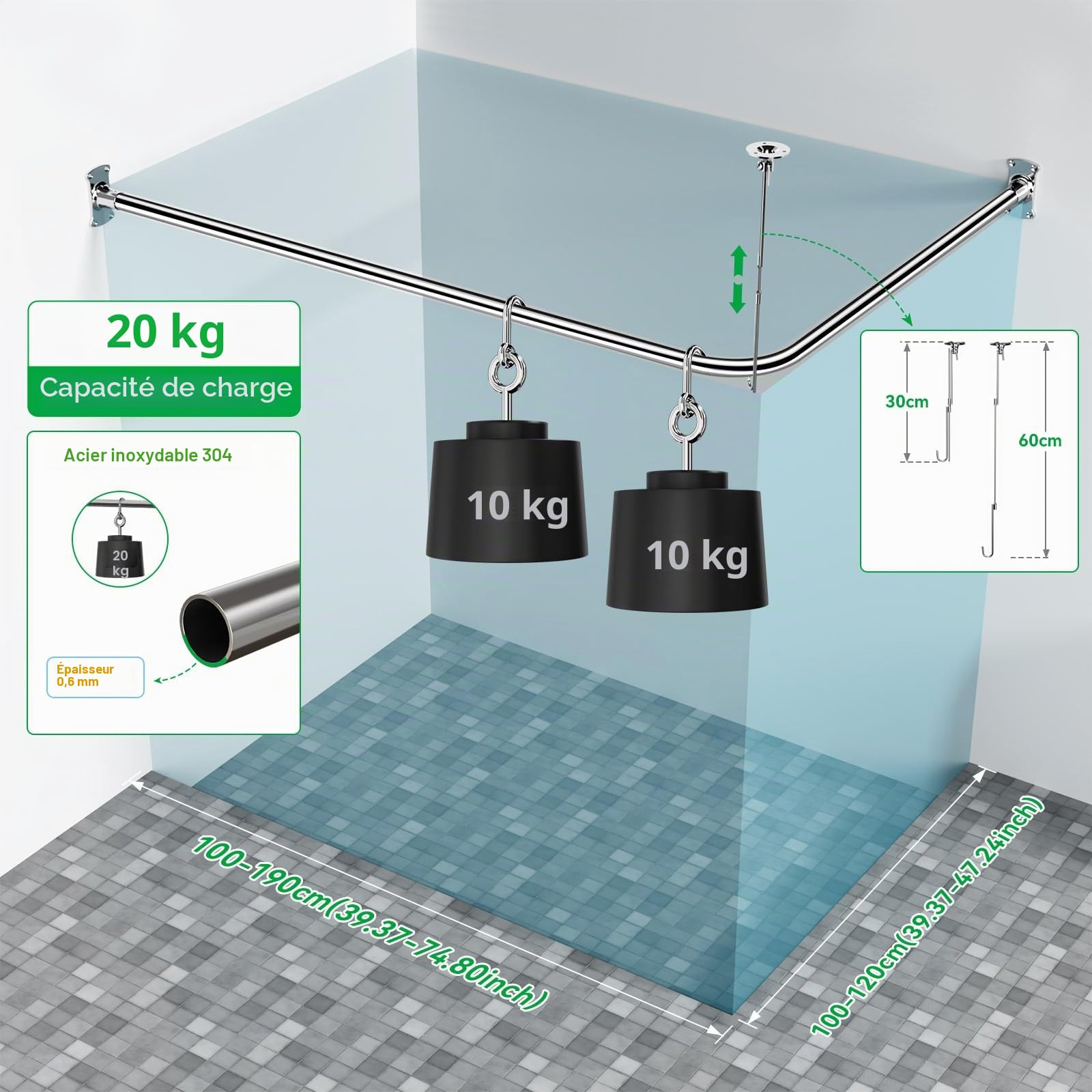 KULACO Barre de Rideau de Douche en Forme de L, 100-120x100-190cm | Barre de Douche Angulaire Réglable en Acier Inoxydable SUS304, Barre de Douche Stable, avec 16 anneaux pour salle