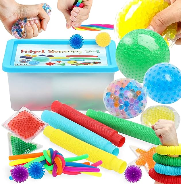 SMALL FISH 2022 Upgraded Set Fidget Toys Set Sensory Toys for Autistic Children, 23 Pack Fidget Toys - Pop Tubes,Squeeze Ball, Spiky Sensory Balls and Stretchy Strings Set
