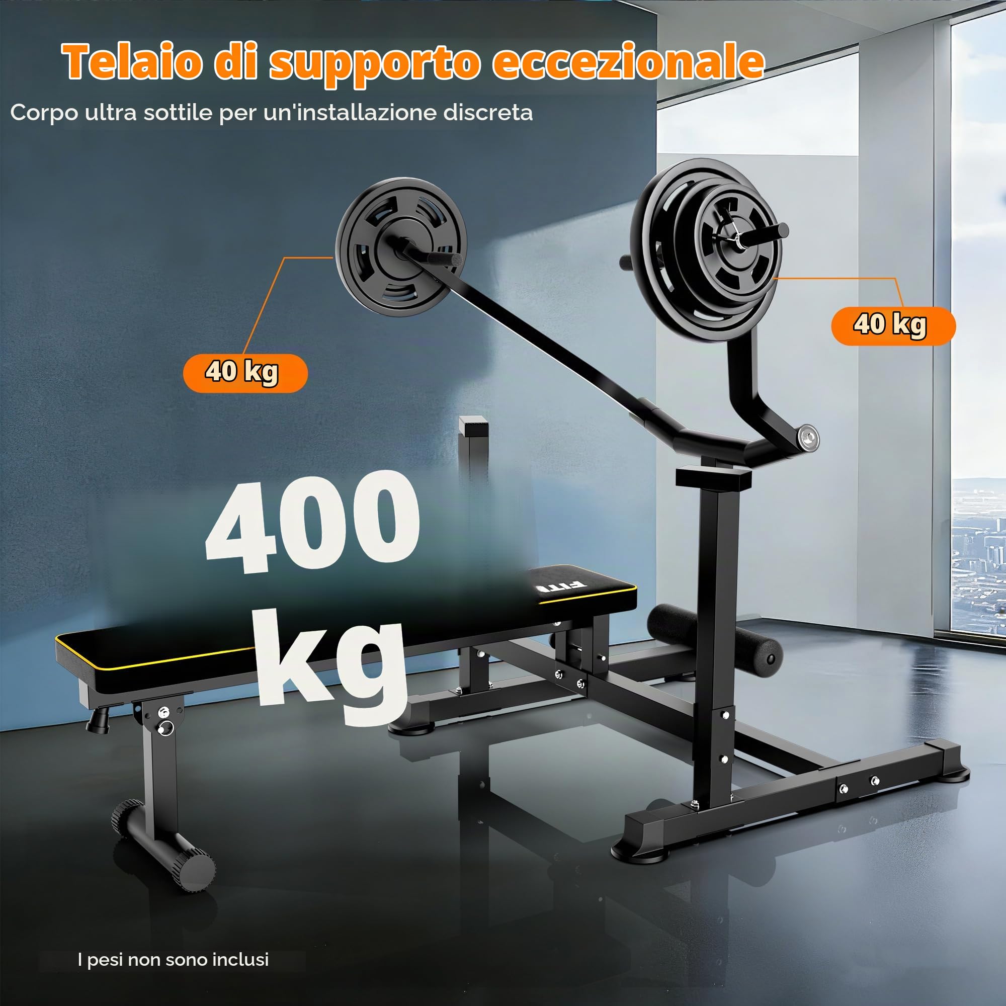 Macchina Pressa Toracica con Panca Pieghevole, Stazione Palestra Casa con Braccia Convergenti, Capacità 400kg, Panca Inclinata Piana Regolabile con Leg Extension e Scott Curl