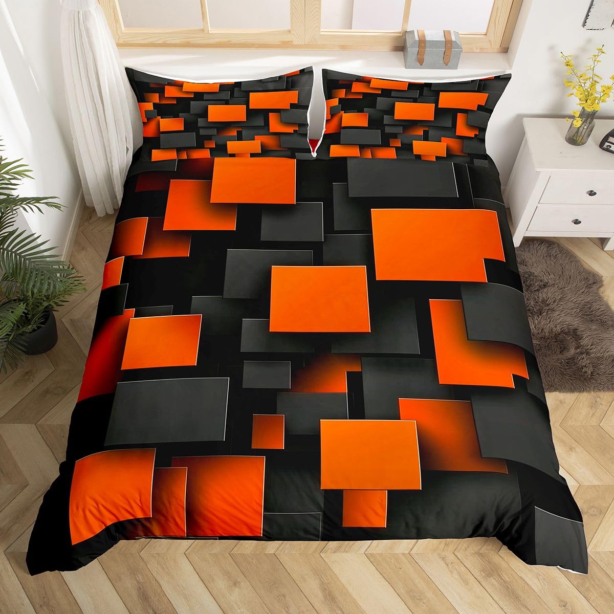 Homewish Nowoczesne geometryczne sześcienne kwadratowe zestawy pościeli 3D Cube King dla nastolatków chłopców dziewcząt | czarna pomarańczowa poszewka na kołdrę prostokątny blok abstrakcyjna poszewka