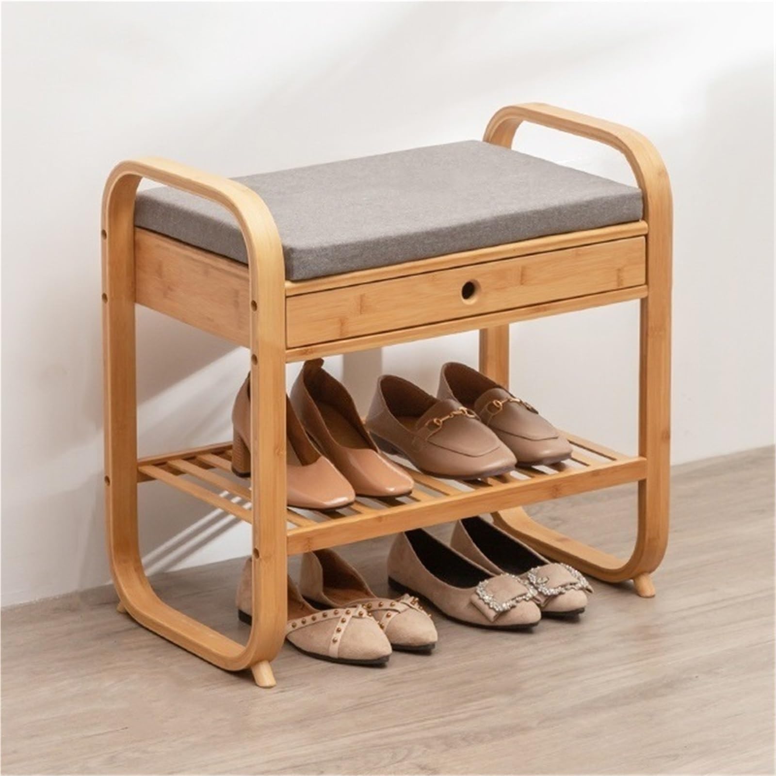 IvyLoutish Shoe Bench with Storage Shelf Bamboo Entryway Bench with Drawer and Cushioned Seat Shoe Rack Change Shoe Stool for Hallway Living Room,Ideal for Home