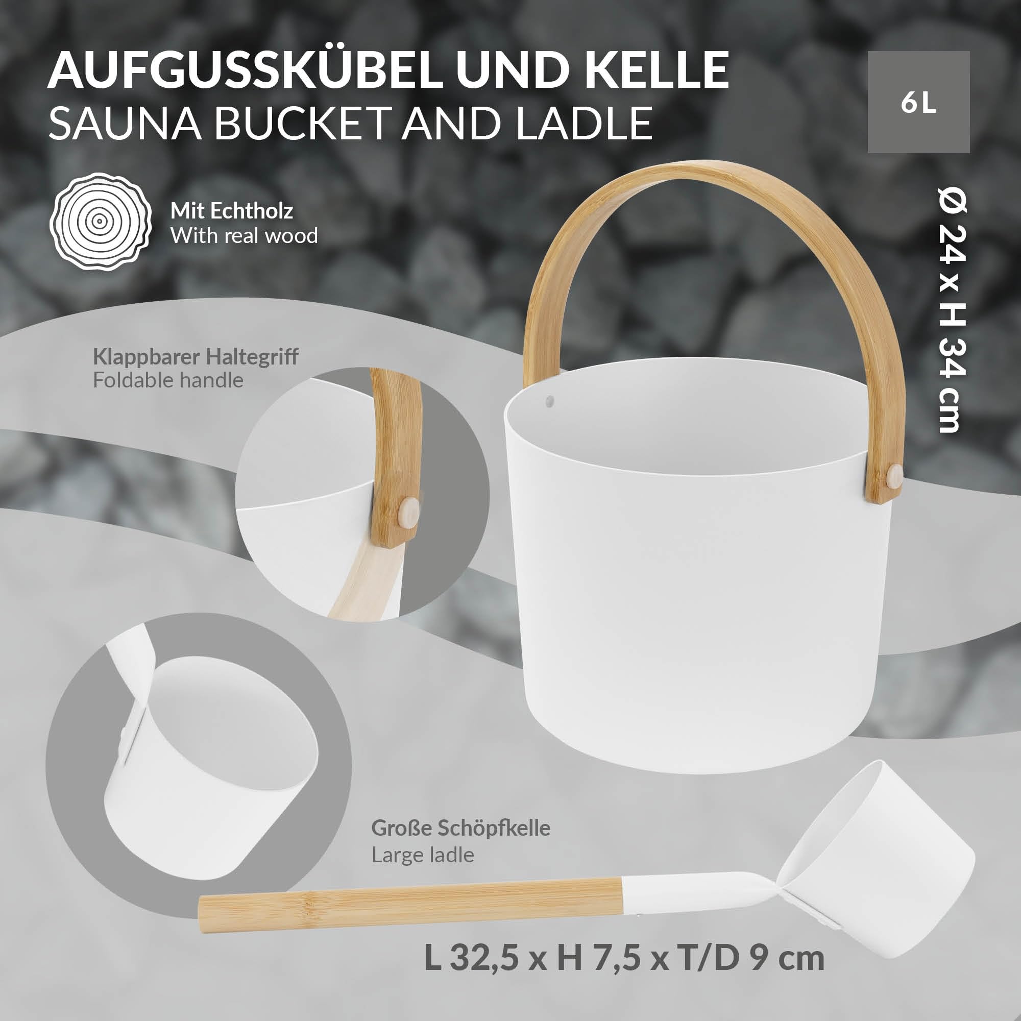 LuxeBath Saunazubehör-Set aus Aluminium & Bambus, Weiß, 2-TLG Sauna Set, Aufgusskübel mit klappbarem Griff & Schöpfkelle, Metall Saunaeimer 6L mit Schöpflöffel, Langlebiges Sauna Wassereimer Zubehör