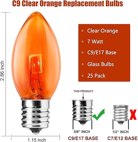 Miniatura 2 de SUNSGNE Paquete de 25 bombillas C9 naranja para exteriores, Halloween, Navidad, bombillas de repuesto C9 Edison para interiores y exteriores, base
