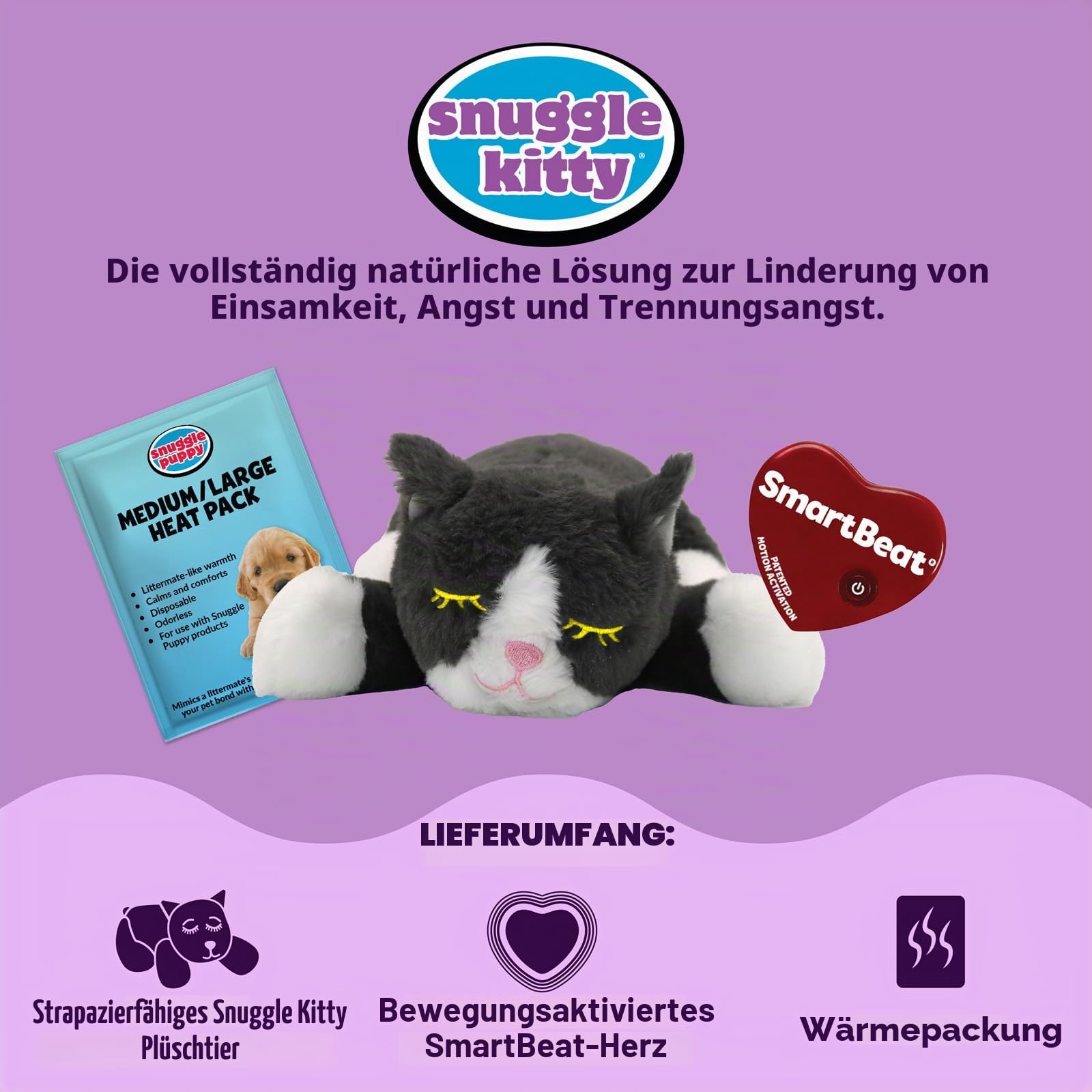 Snuggle Kitty Heartbeat Katzenspielzeug für Kätzchen und Katzen, mit echtem Puls und Wärmekissen, beruhigende Schlafhilfe bei Katzenangst, New Kitten Essentials – Grau und Weiß