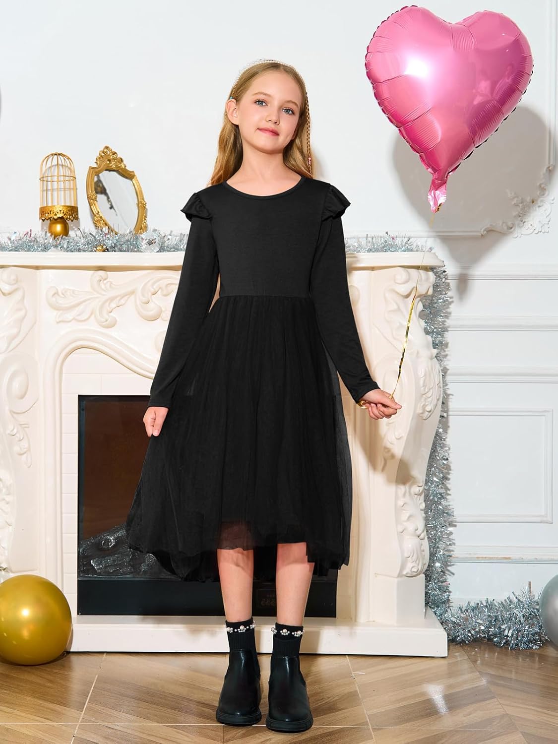 Haloumoning Girls Tutu Dresses Kids Cute Tulle Fall Ruffle Long Sleeve High Low Hem Dress 5-14 Years - Image 5