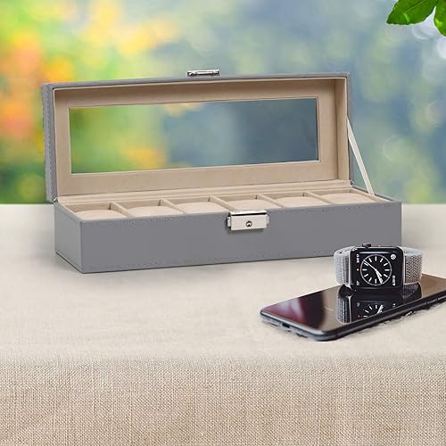 Miniatura 7 de NEX Caja de reloj organizador para hombres, de piel sintética superior de cristal para el almacenamiento de relojes