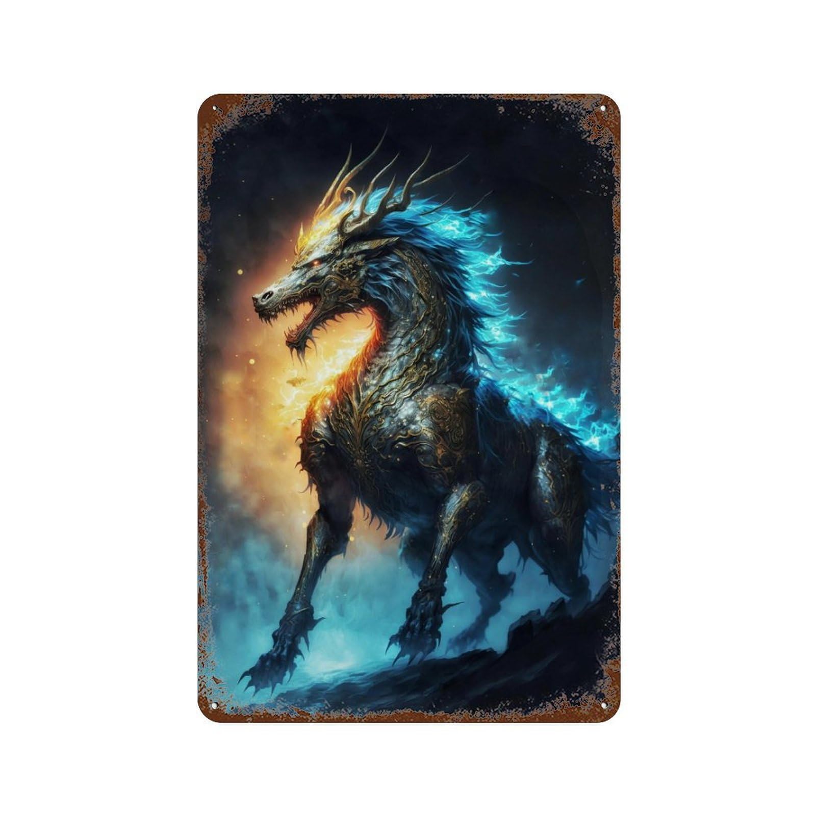 Distressed Metal Wall Sign Fantasy Dragon Artwork -10 11.8"x7.9", Old School Wall Decor for Bistro, Counter And Cafe Decor