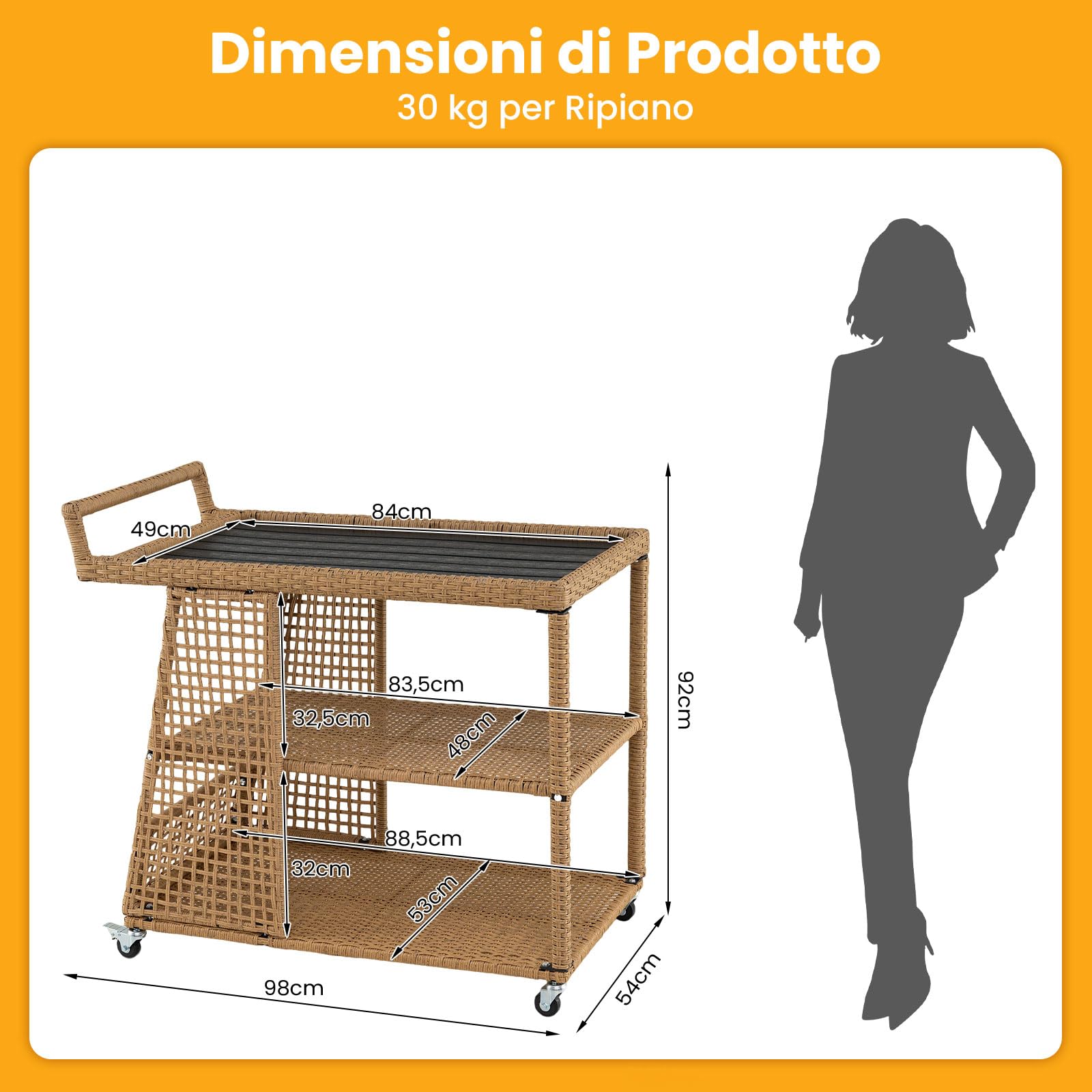 COSTWAY Carrello Bar da Esterno, Carrello Portavivande in Rattan con 4 Ruote, 3 Ripiani Aperto e Maniglia Laterale, Carrellino da Servizio per Cucina, Giardino e Bordo Piscina, 98 x 54 x 92 cm