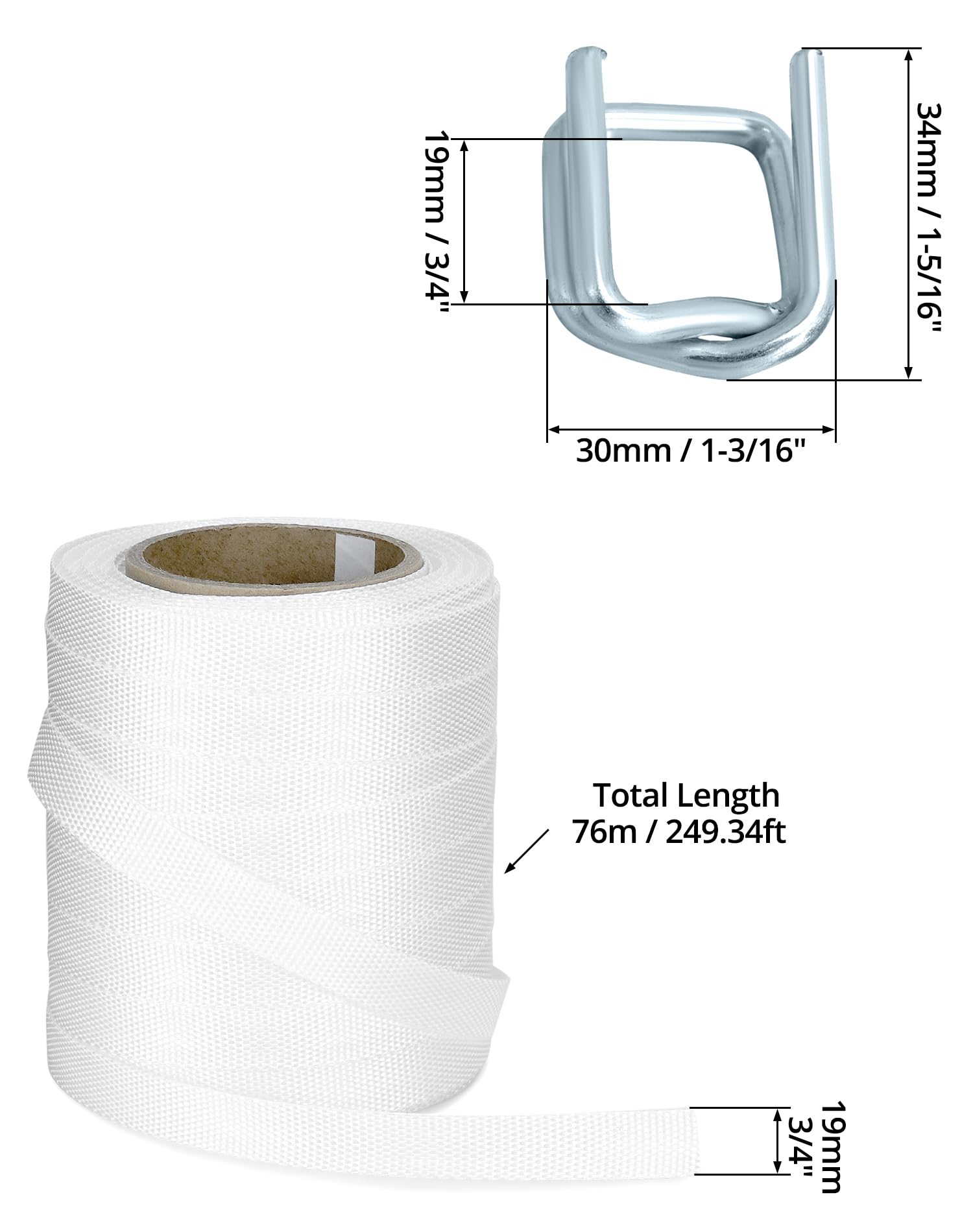 QWORK Rotolo di corda intrecciata da 1,9 cm x 6,5 m con 50 fibbie in metallo da 1,9 cm, rotolo di cinghia in corda intrecciata in polietilene resistente, 1088,6 kg, forte resistenza alla rottura 15,2