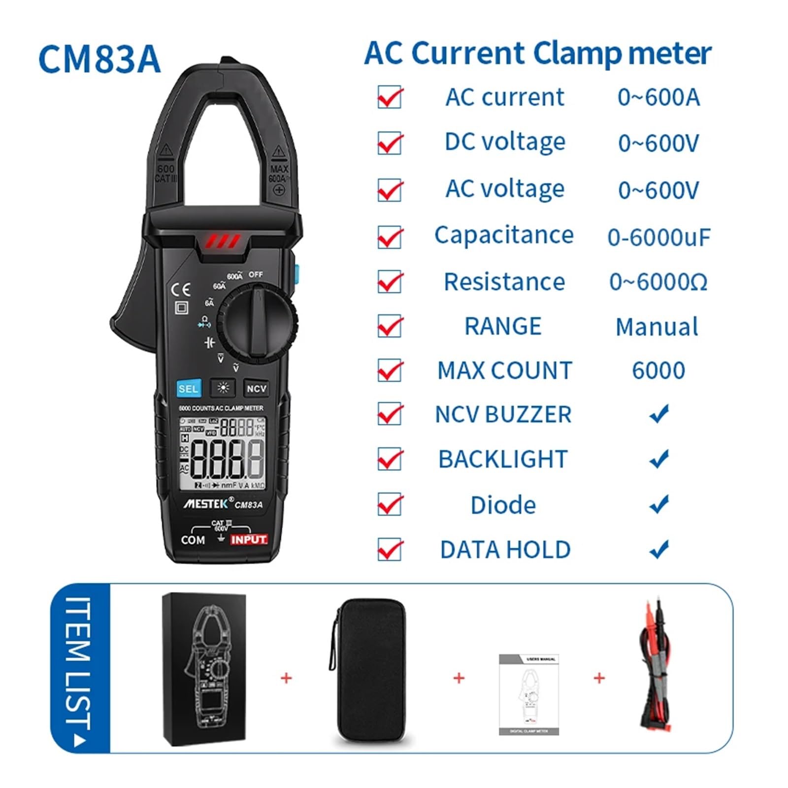 Pinza amperimétrica Digital de 0 a 600 A CC/CA con sonda de Temperatura y borrado de Datos a Cero.(CM83A)
