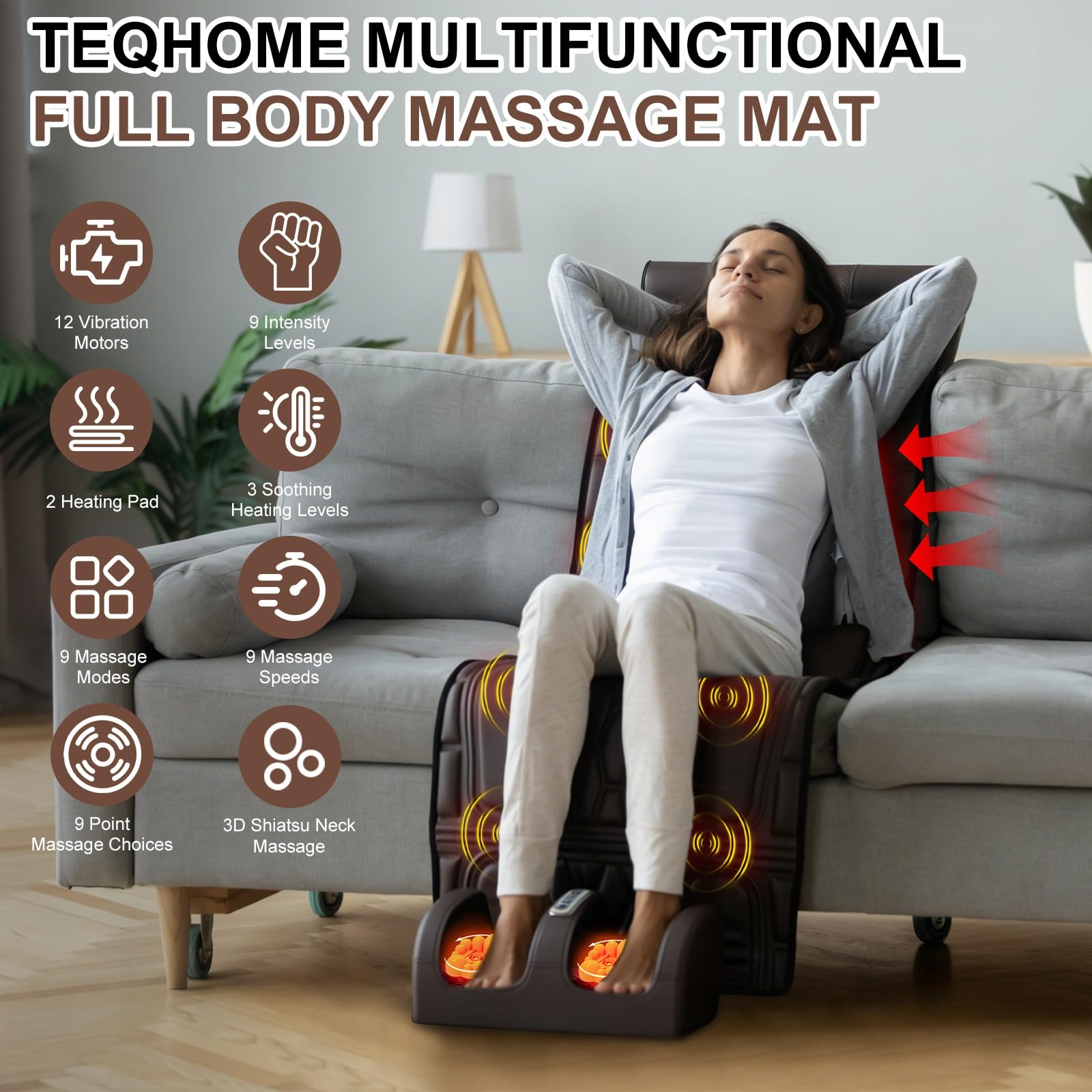 Ganzkörper-Massagematte mit Wärme und beweglichem Shiatsu-Nacken- und Rückenmassagegerät, Massage-Matratzenauflage mit Kopfkissen und Lendenwirbelstütze, 12 Vibrationsmotoren, 9 Massagemodi und 2