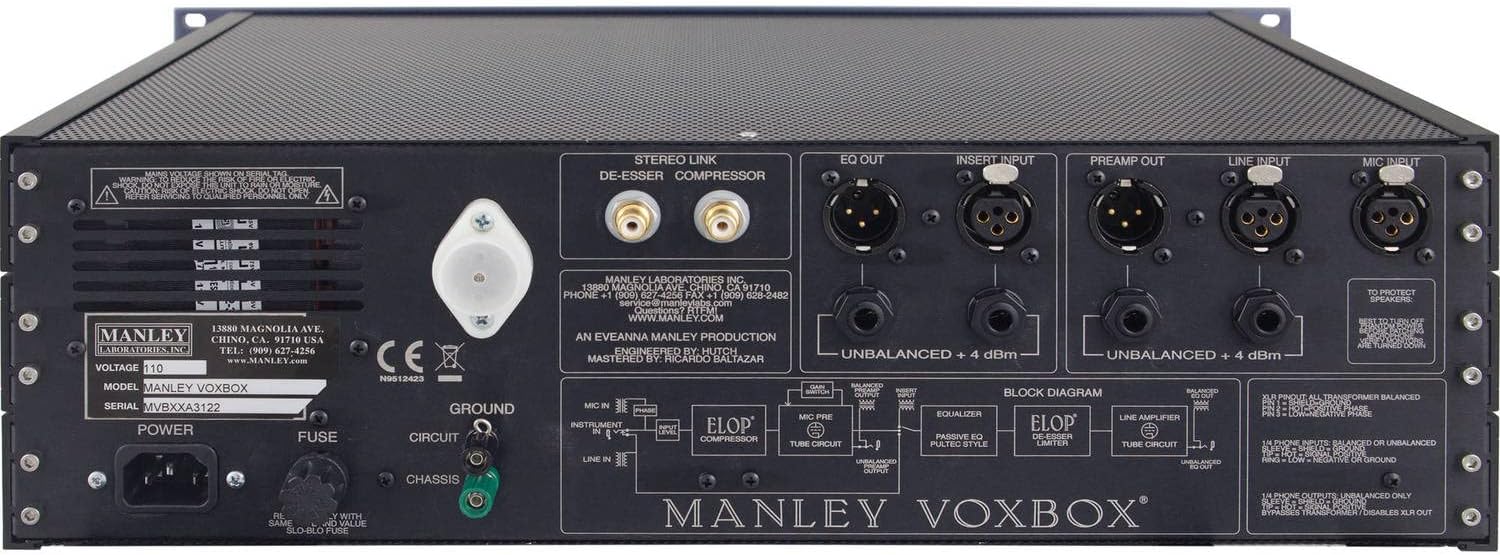 Rear panel of Manley VOXBOX showing various input and output connections
