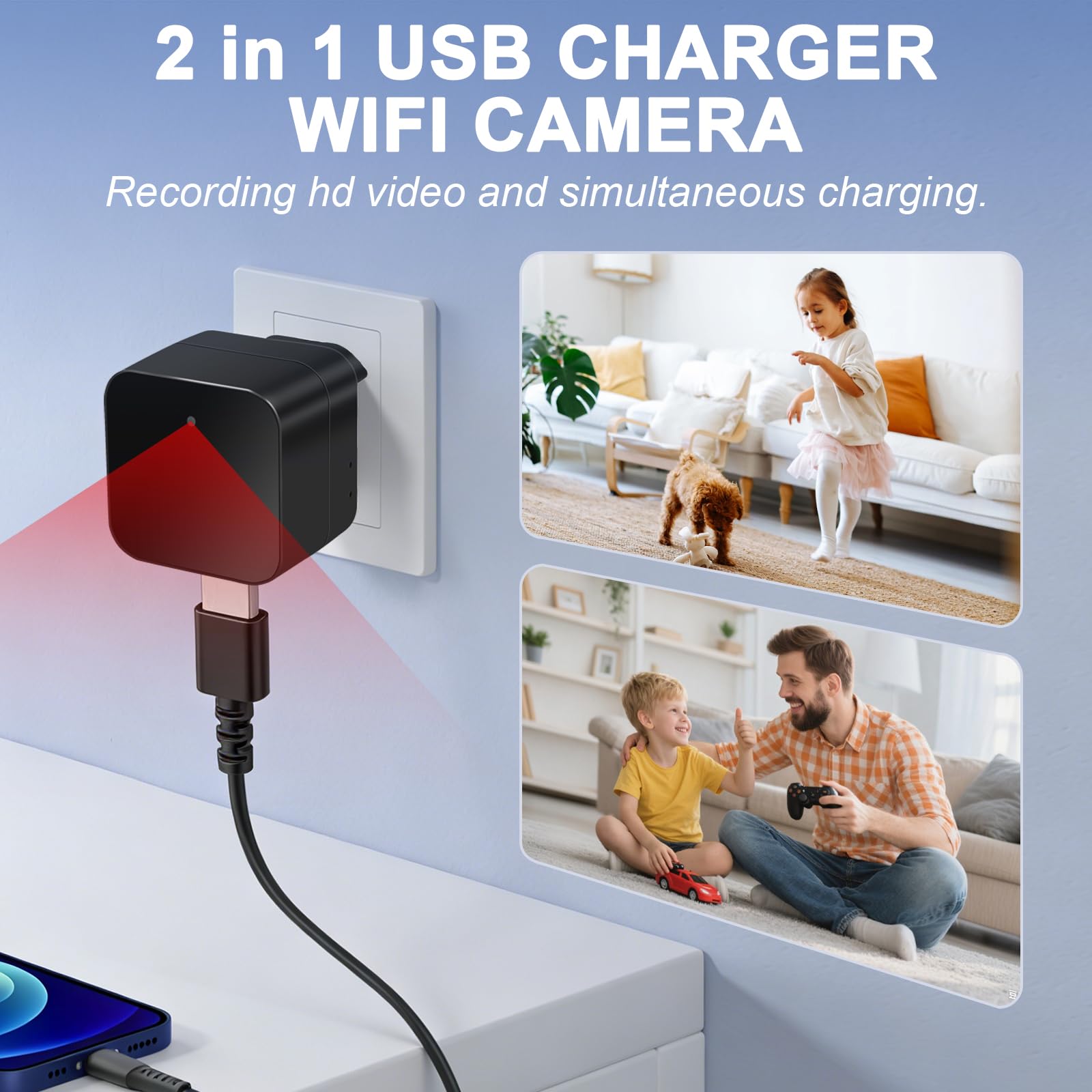 Kamera szpiegowska 5G WiFi, ukryta kamera w ładowarce USB | Mini kamera szpiegowska Wi-Fi 1080P, wykrywanie ruchu, nagrywanie w pętli, zdalne oglądanie - normy europejskie
