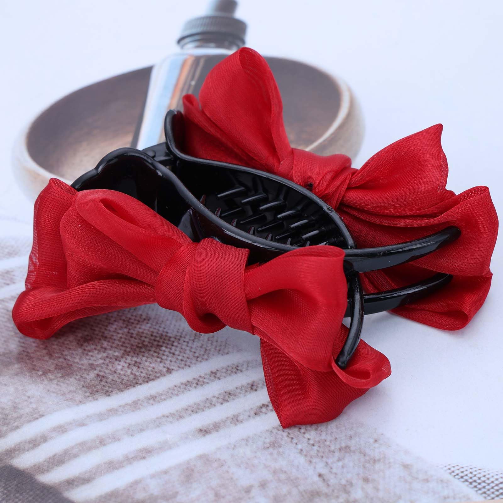 Aneneiceera Vintage Mesh Bow Hair Claw Clip Fabric Ponytail Jaw Clip Red Bowtie Claw Barrette Mesh Banana Clip Barrette Bowknot Buckle Clip Hair Accessories for Women (Red) - Image 4