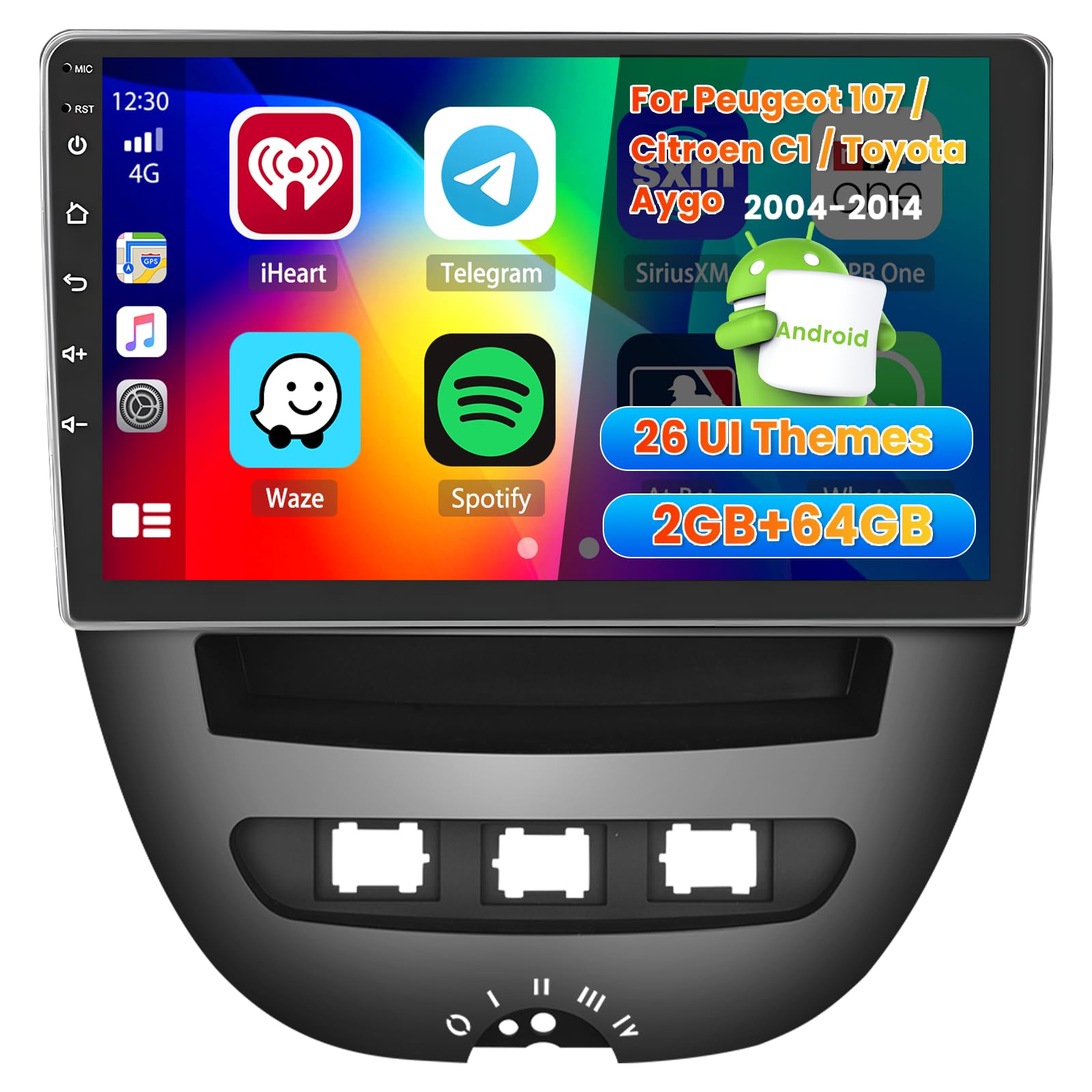 Roinvou 2+64G Schermo Radio per Peugeot 107/Citroen C1/Toyota Aygo 2004-2014 Wireless CarPlay Android Auto, Android Autoradio 9'' Stereo Auto con WiFi GPS Bluetooth EQ FM/RDS SWC Telecamera Posteriore