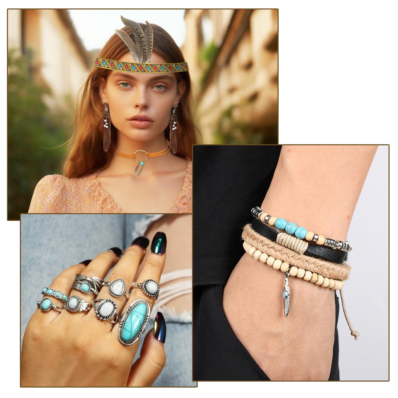 Booaee Disfraz de indio vintage boho para mujer, 12 unidades, accesorios indios, tocado indio, pluma, diadema, pendientes, collar de piel, pulsera turquesa, anillos para carnaval y más