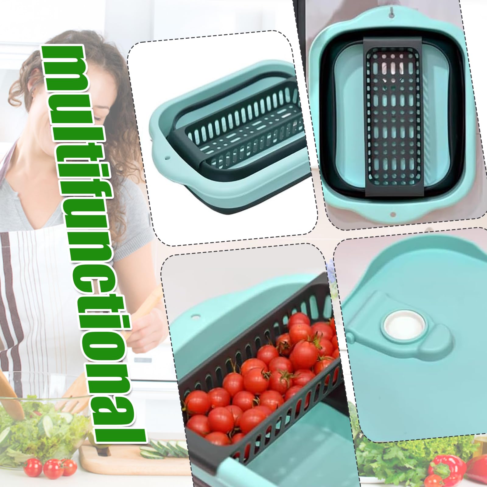 Zusammenklappbares Geschirrbecken mit tragbarer Spüle, 11 l, zusammenklappbarer Eimer mit Ablaufstopfen, faltbare Spüle, Spülwanne, Spülbecken für Gemüse, Waschen, Camping, Wohnmobil, Küche (grün)
