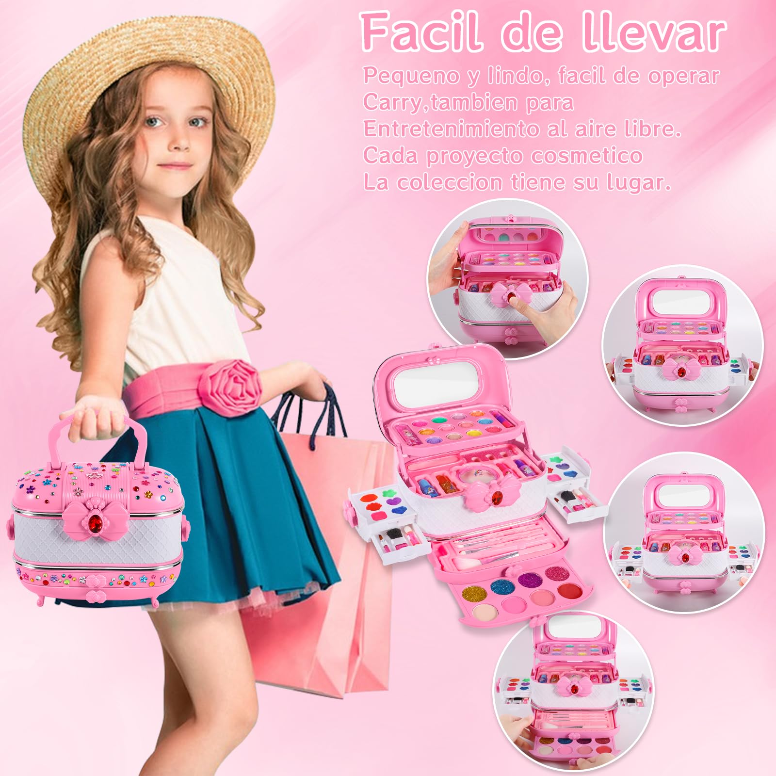 Kit de Maquillaje para Niño, 61 Piezas de Maquillaje Lavable para niñas, Kit Maquillaje niña, Caja Maquillaje niña, Regalo de cumpleaños y Navidad para niñas de 3 4 5 6 8 10 Años