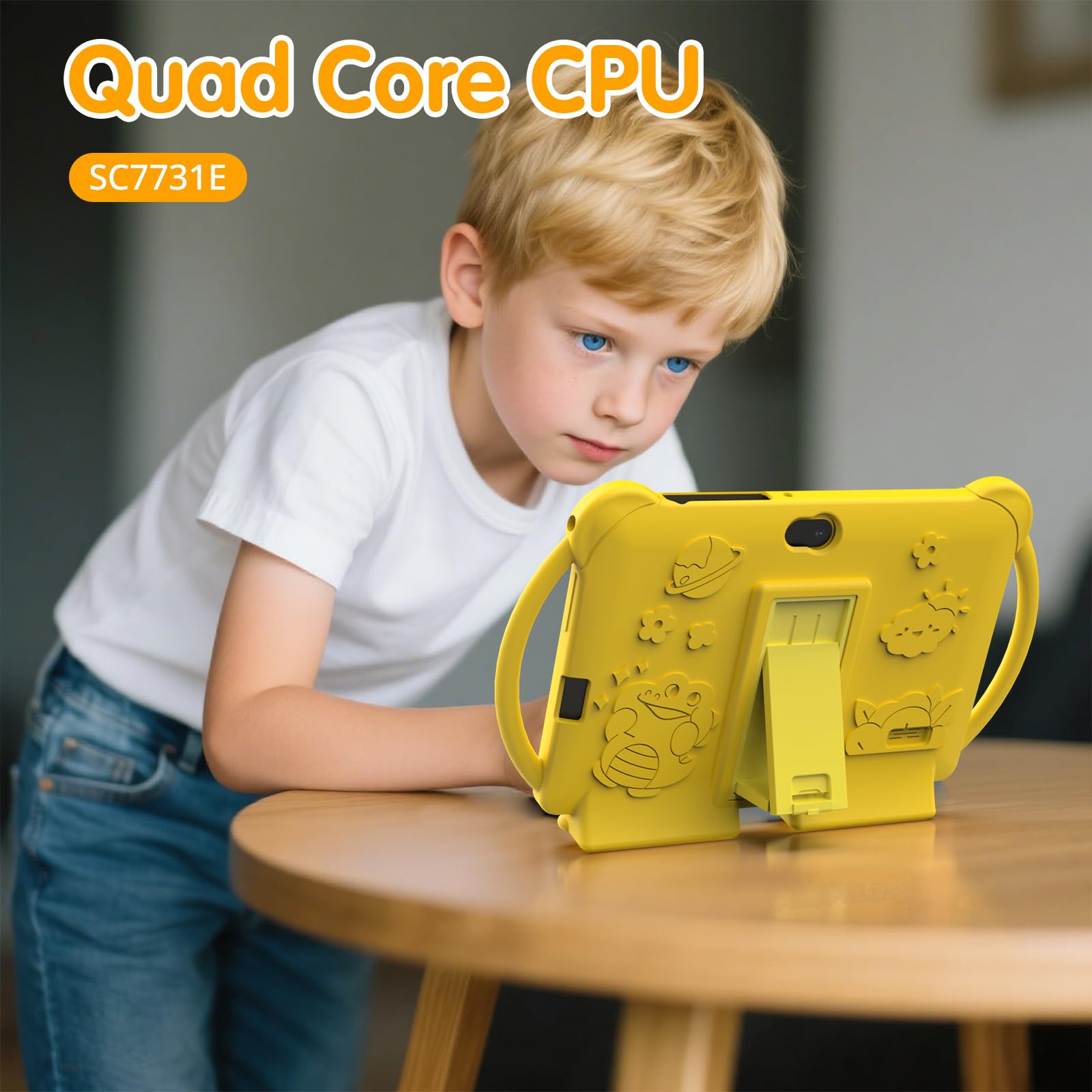 PEICHENG Tablet per bambini da 7 pollici, Android 12.0 per bambini, 4 GB di RAM, 32 GB ROM, schermo IPS Bluetooth, controllo parentale, doppia fotocamera, antiurto, per giochi educativi (giallo)