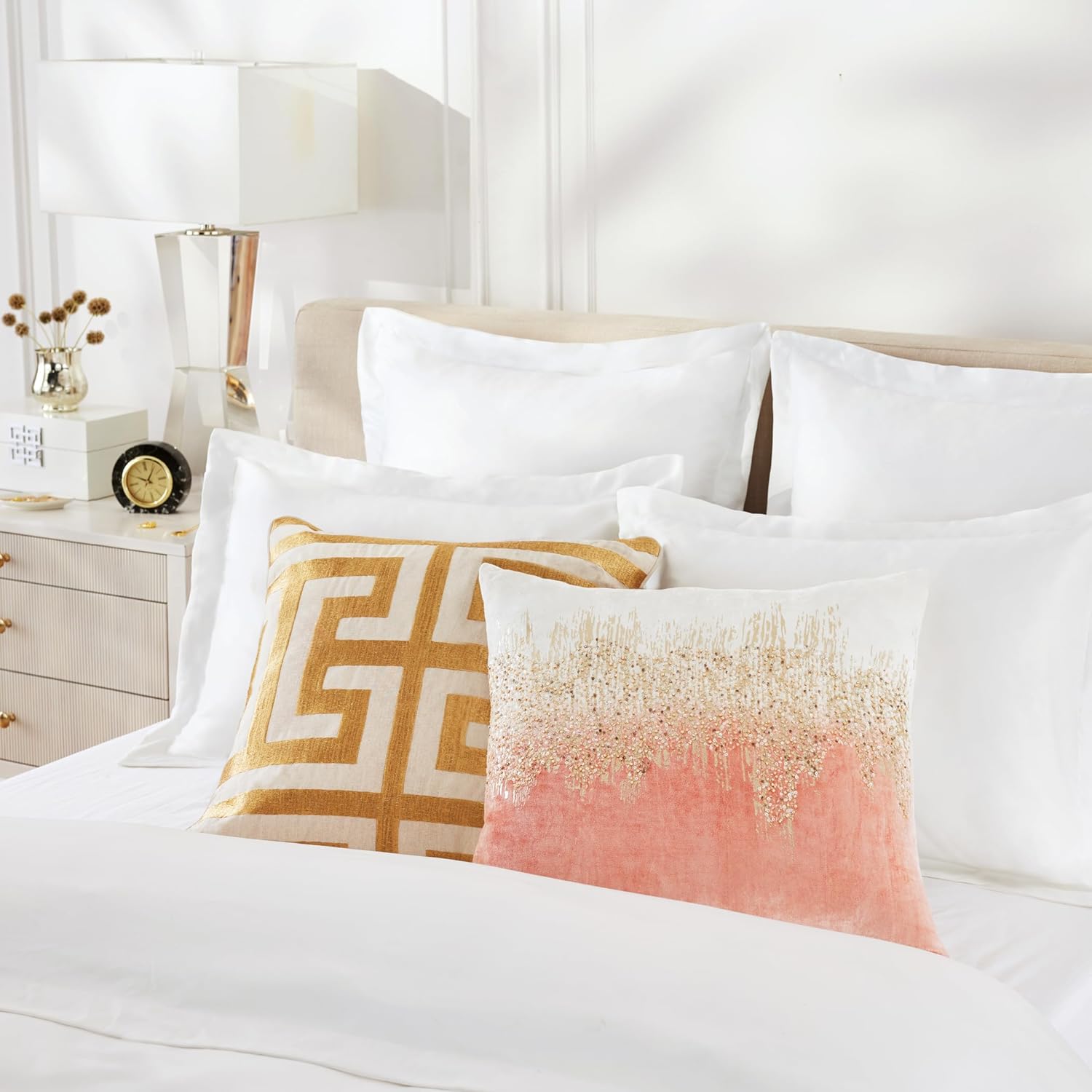 Z Gallerie Joie De Vivre Throw Pillow, Luxe Hand-Beaded Velvet Decorative Cushion with Ombré Effect & Metallic Foil Print, Premium Accent Soft Pillow for Sofa, Bed & Living Room, 22" x 22", Blush