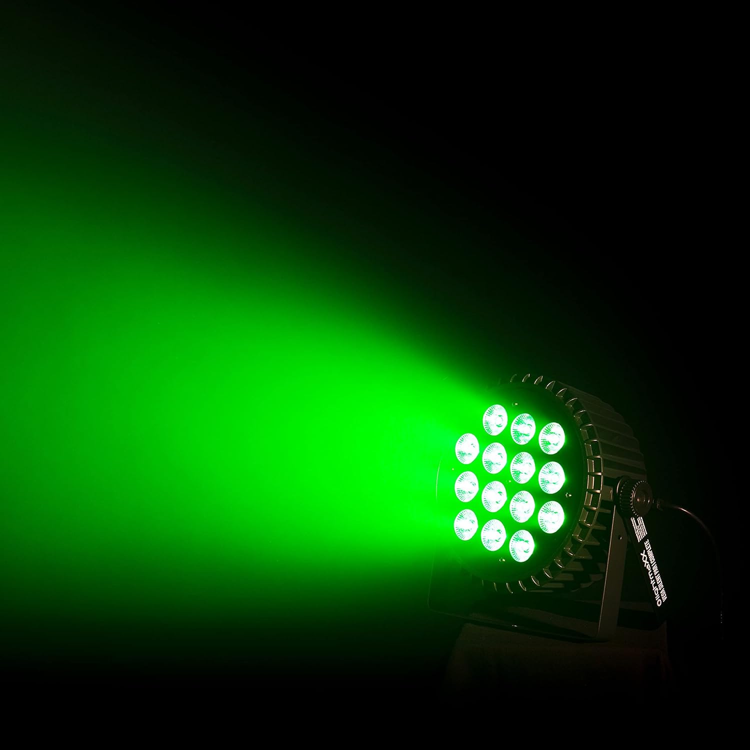 LightmaXX Vega Silent PAR I emitting a green light beam.