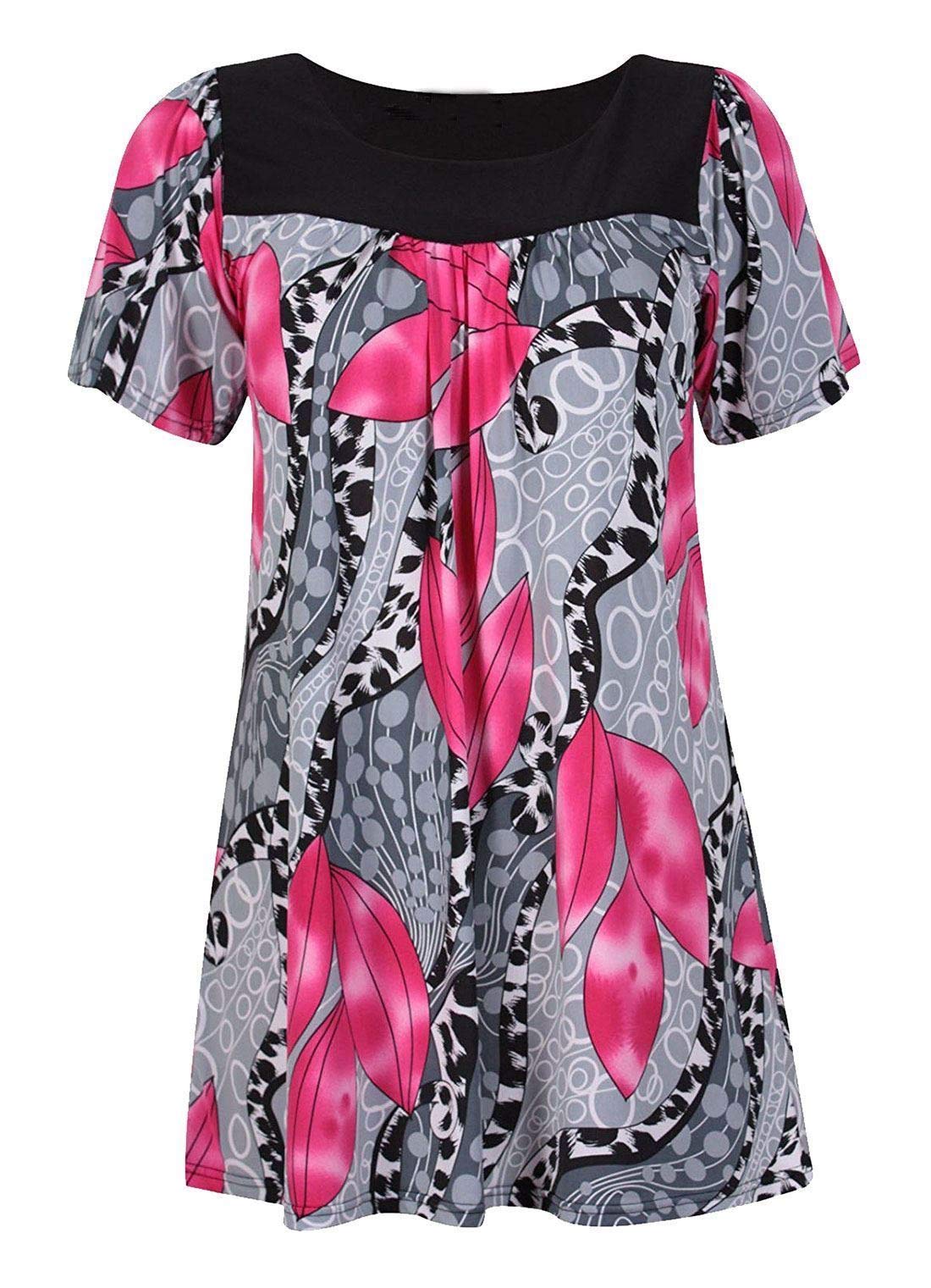 Real Life Fashion Ltd Women's Cerise Leaf Short Sleeves Floral Print Tunic Shirt Summer Wear Boat Neck Smock Shirt Top Fancy Party Wear Dress Shirt Plus Size