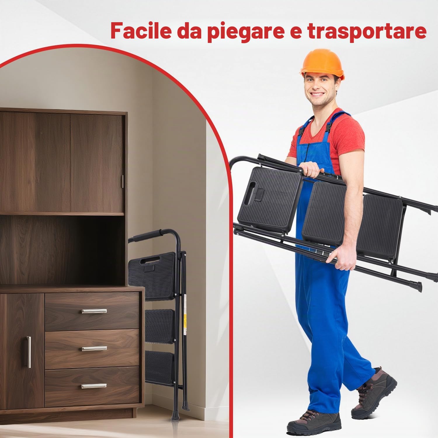 OUTIGO Scala a pioli pieghevole a 3 gradini, piccola scala con impugnatura in gomma, design antiscivolo, realizzata in lega di acciaio di alta qualità, capacità di carico fino a 150 kg, scala portati
