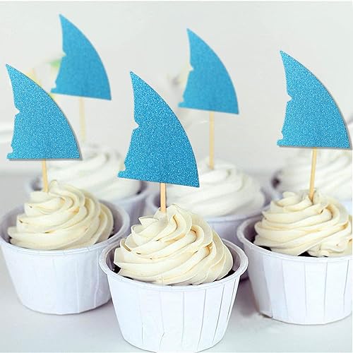 Miniatura 5 de ALISSAR Paquete de 24 adornos para cupcakes con forma de tiburón con purpurina, suministros para fiestas en la piscina, decoración de baby shower,
