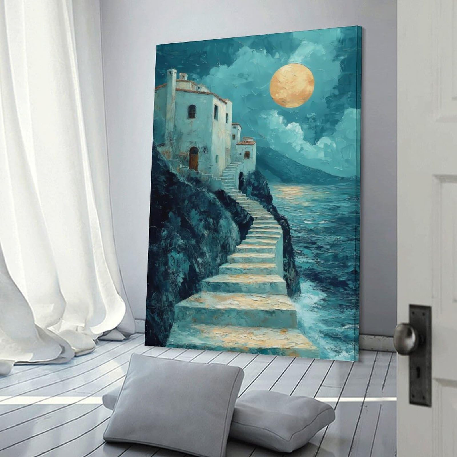 Junmoney Frame-Style-23 Wall Picture Print Moonlit Coastal Village, 20X30inch(50X75cm), For Entrance Walls, Hall Decor Or Foyers, Home Artwork For First Impressions