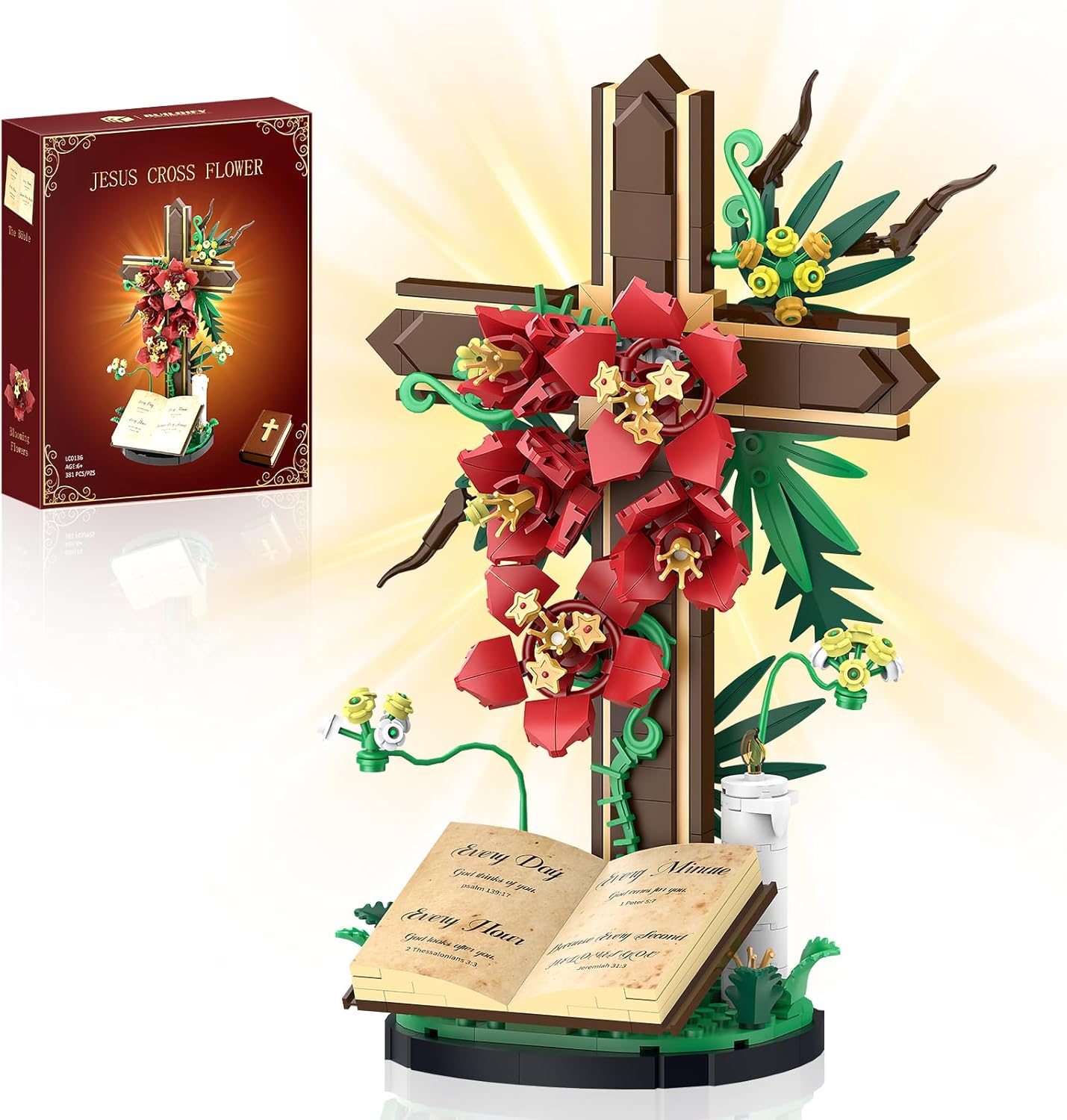 Jesus Cross Flower Building Set, Religious Cross Collectibles Jesus Catholic Building Toys, Christian Crucifix Floral Decor Display, Easter, Christian, Birthday Gift for Kids, Women & Adults (381 PCS)