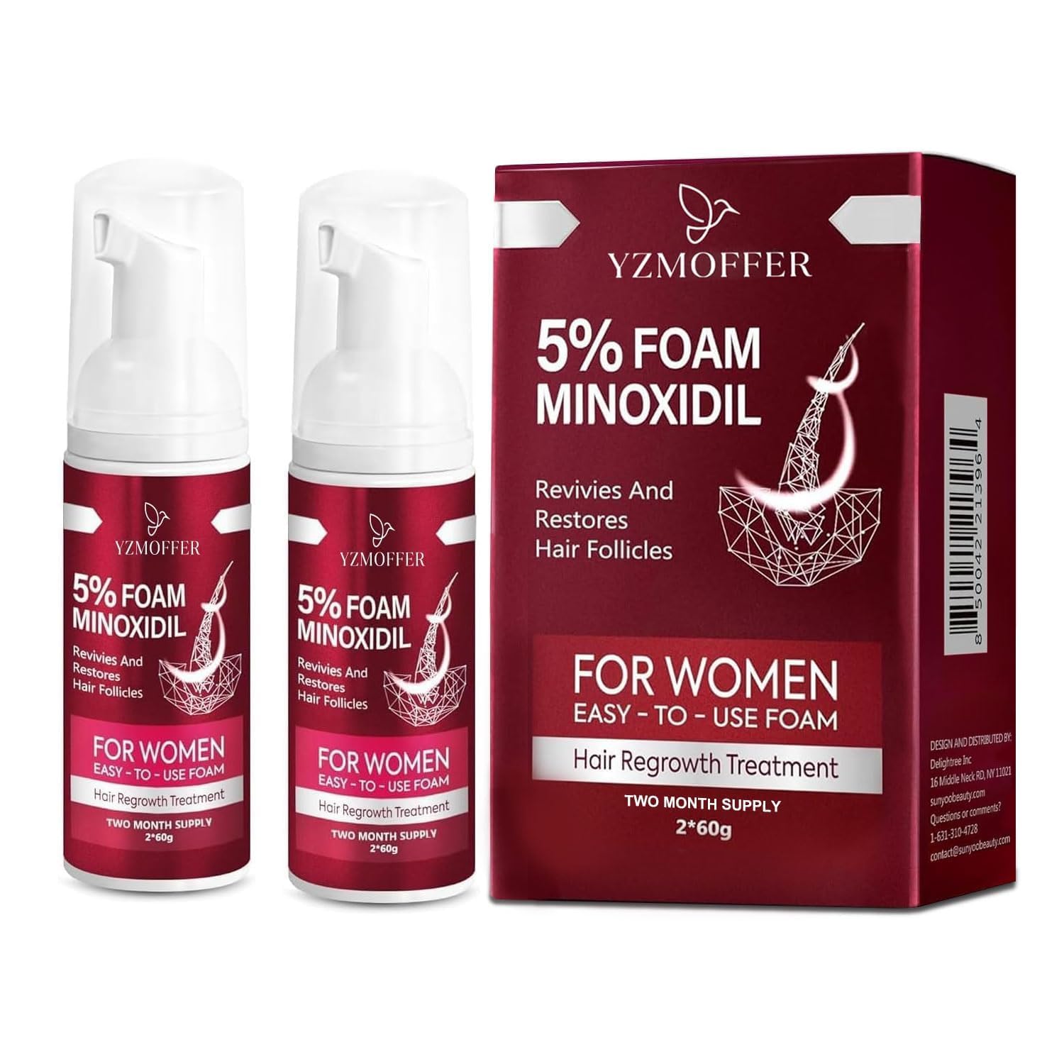 5% Minoxidil Foam for Women: Hair Regrowth Treatment for Thinning Hair and Hair Loss, Lightweight Non-Greasy Formula, Dermatologist Recommended, 2 × 60g (2-Month Supply)