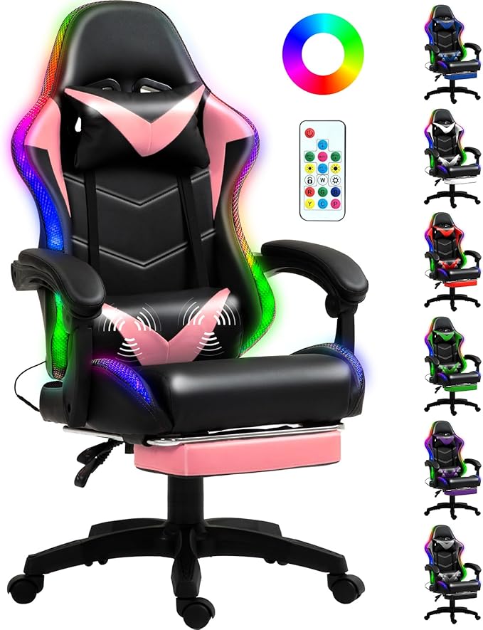 Gaming Chair, Racing Style RGB LED Lights Gaming Chairs for Adults and Kids, Lumbar Massager Gamer Chair, High Back Reclining Computer Chair with Footrest and Headrest (Black/White)