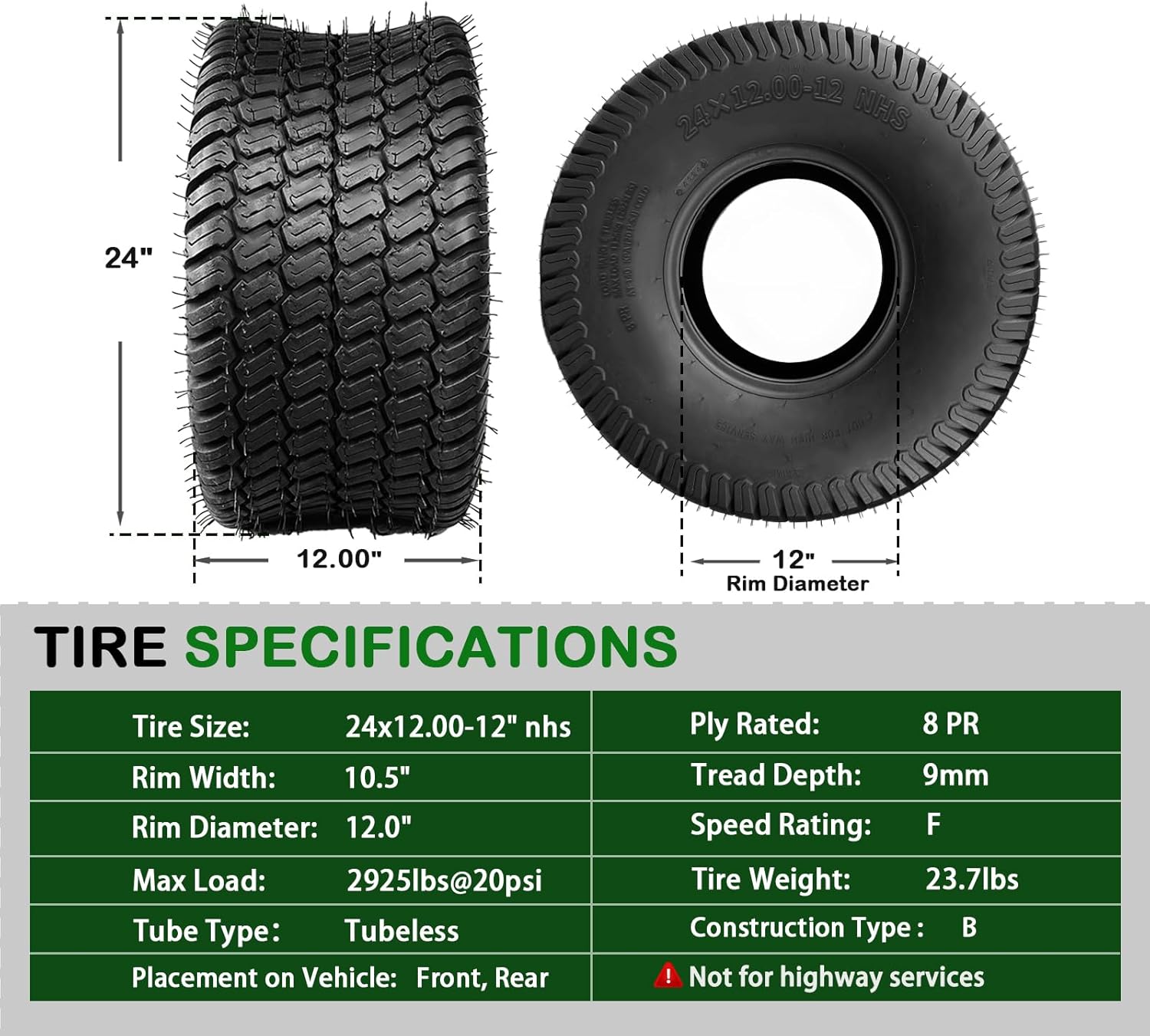 TRIPOWER 24x12x12 Lawn Mower Tires - 24x12.00-12 Tires for Lawn Garden Mower and Tractor, 8 Ply Tubeless, 1710lbs Capacity, Set of 2