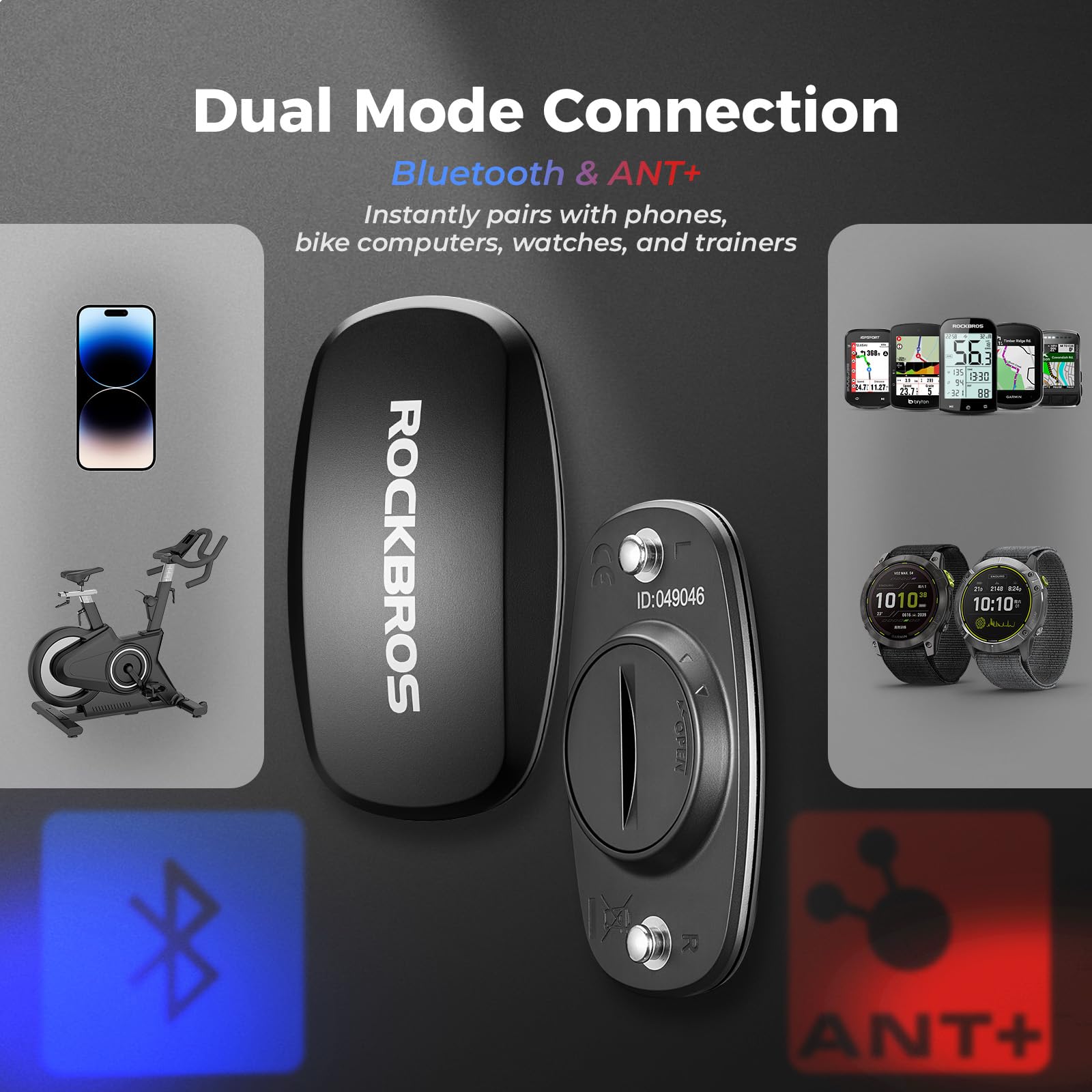 ROCKBROS Herzfrequenzmesser Brustgurt Bluetooth & ANT+, Präzise Echtzeit Herzfrequenz, 800 Std Laufzeit, IP67 Wasserdicht, nur 13g, Kompatibel mit Garmin, Wahoo, Polar, Strava, Sports Tracker