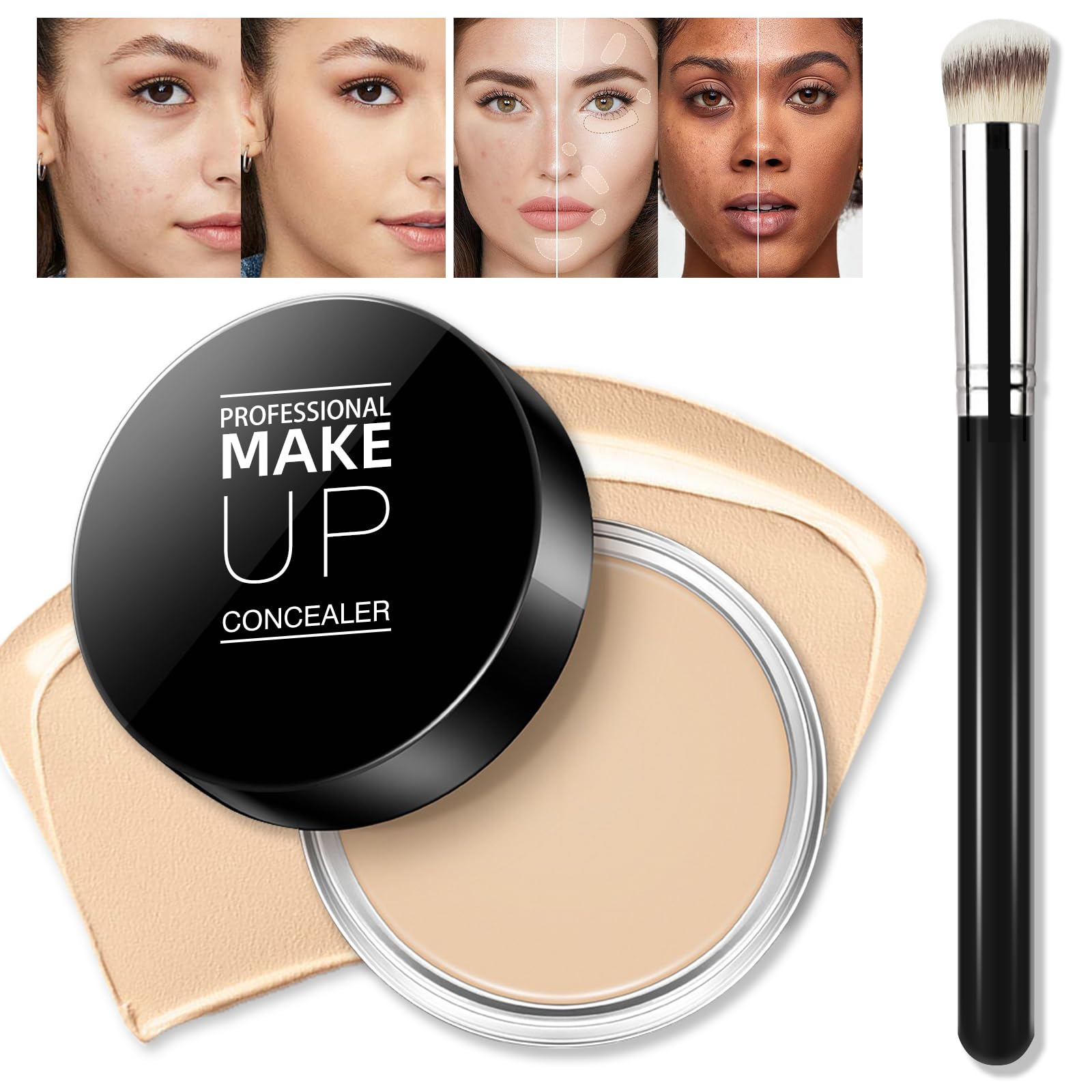 Cream Concealer Full Coverage Makeup, Matte Color Correcting With Brush, Waterproof, Conceals Blemish, Pores and Spots, Under Eye Makeup for Dark Circles (#02 Light Cream)