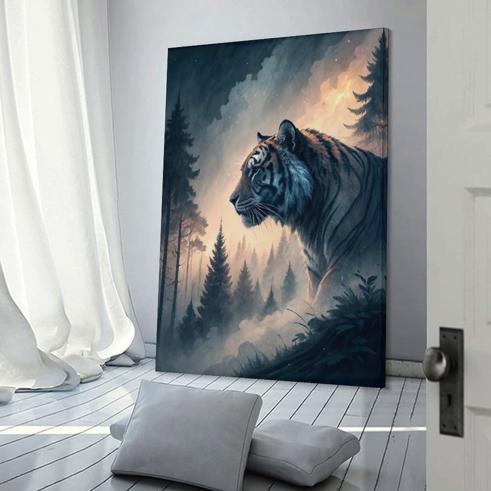 Junmoney Tiger in A Misty Forest Canvas Art Print, 24x36inch(60x90cm), for Living Room, Bedroom, Office Or Hallway, Decorative Artwork with Broad Appeal