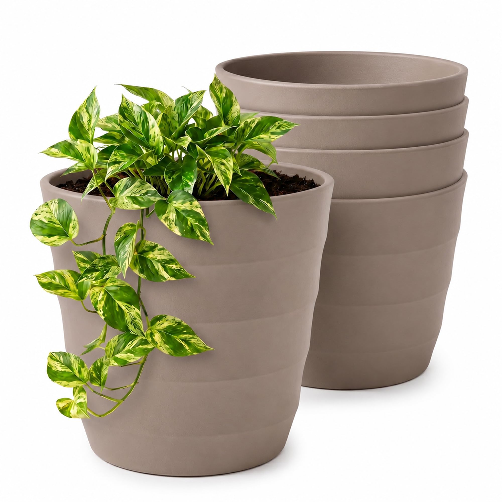 Lizzy Ribbed Design Plant Pots 13cm Pack of 4 Decorative Plastic Flower Pots Indoor Outdoor Planters Modern Ribbed Texture Plant Containers for Home Garden Patio Windowsill - Sand