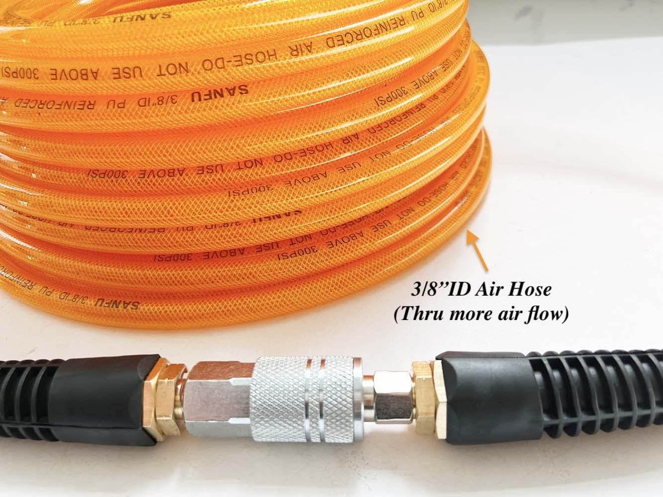 SANFU Polyurethane(PU) Reinforced 3/8”ID x 100ft, Air Hose, Non-kinking With 3/8” Reassembled Industrial High Flow Quick Coupler and Plug, Bend Restrictor, Transparent Orange(100’)